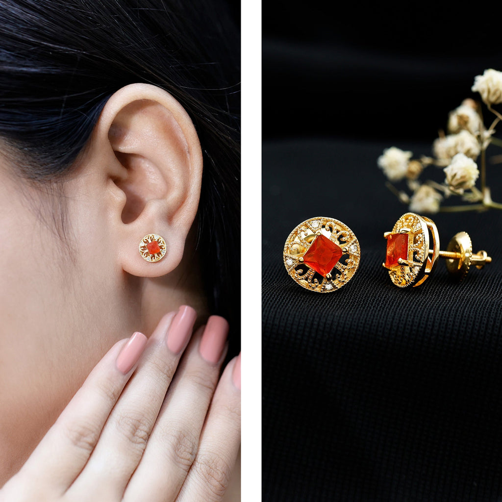 Antique Style 0.6 Carat Fire Opal Circle Stud Earrings with Lab Diamond
