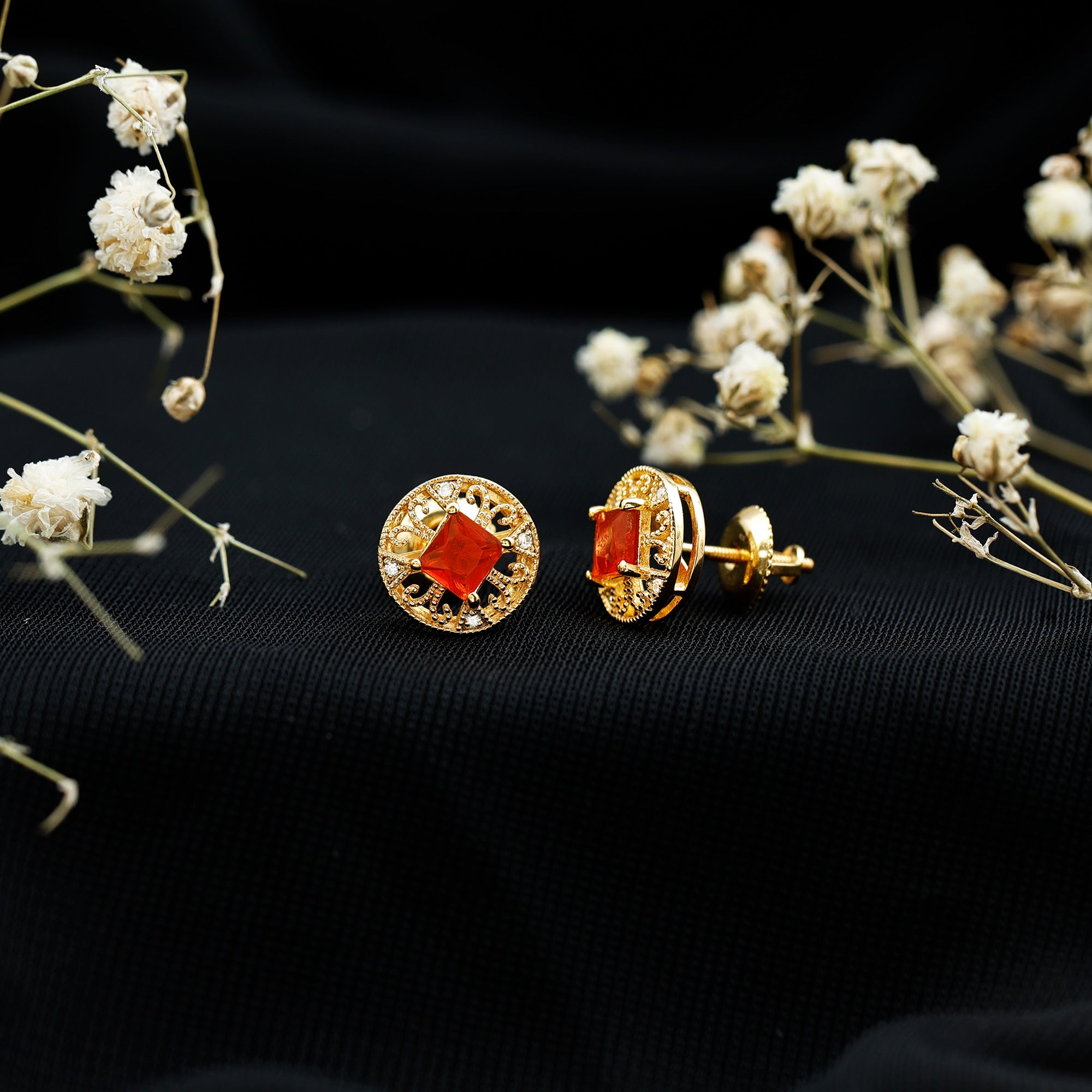 Antique Style 0.6 Carat Fire Opal Circle Stud Earrings with Lab Diamond