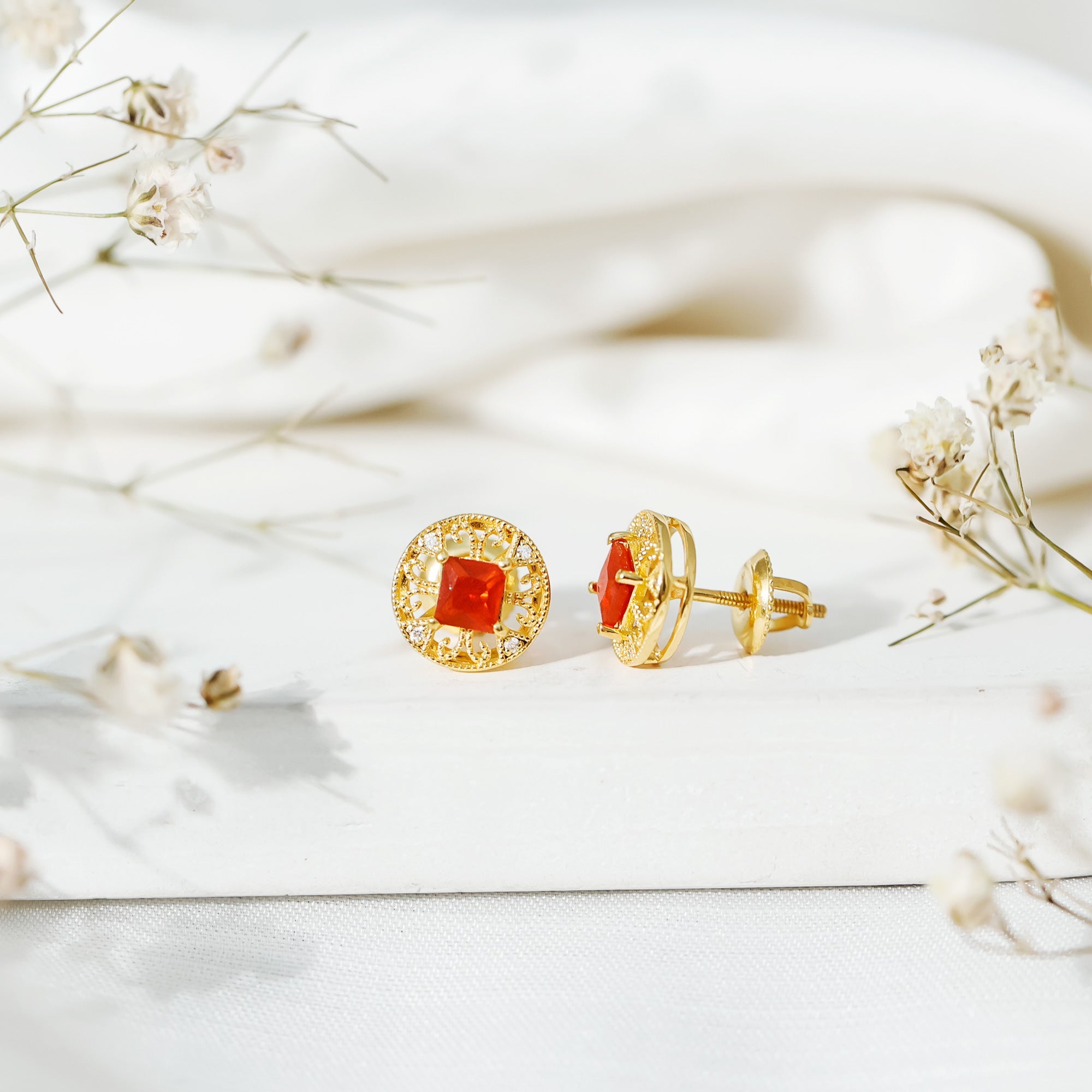Antique Style 0.6 Carat Fire Opal Circle Stud Earrings with Lab Diamond