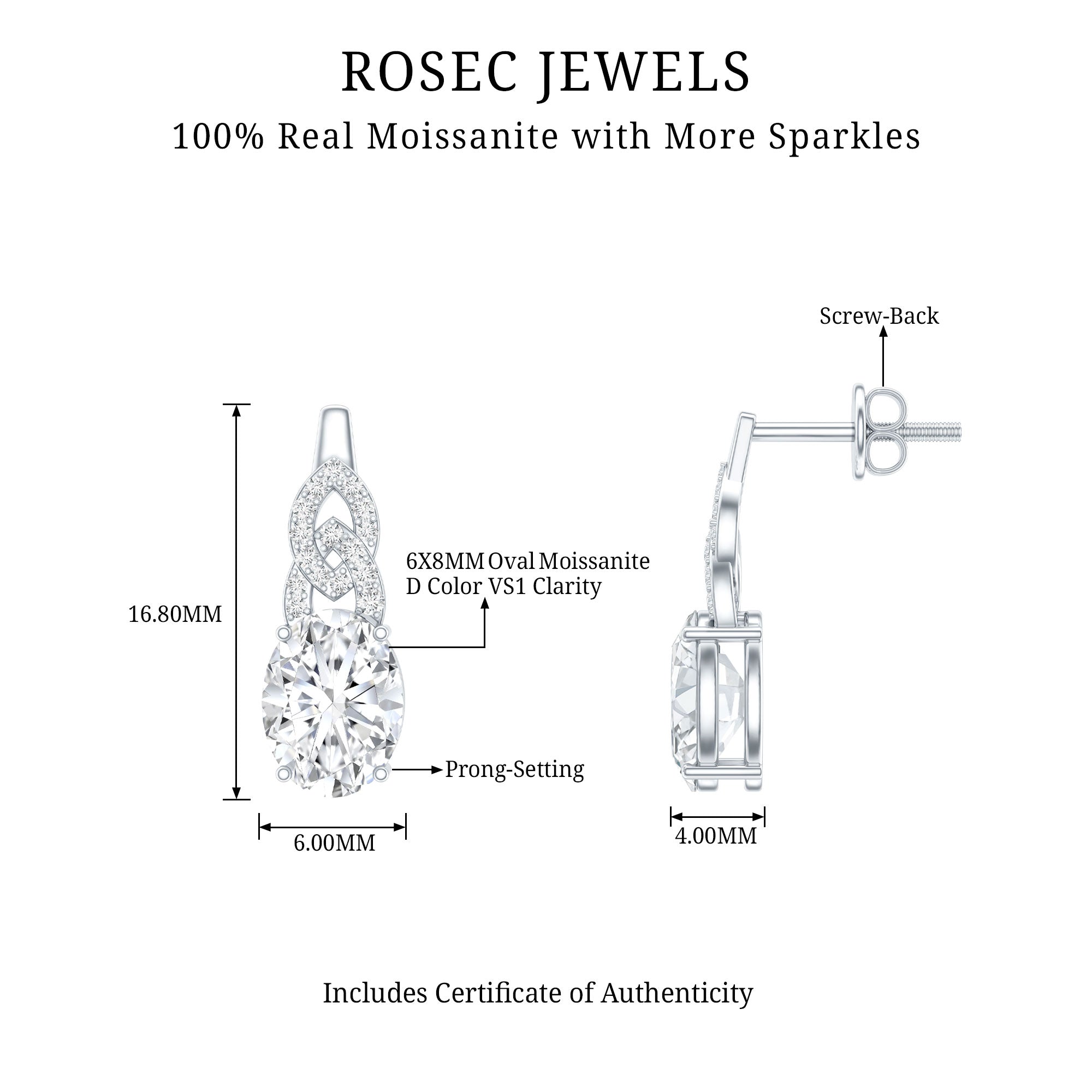 Certified 2.58 Carat Oval Moissanite Drop Earrings with Screw Back