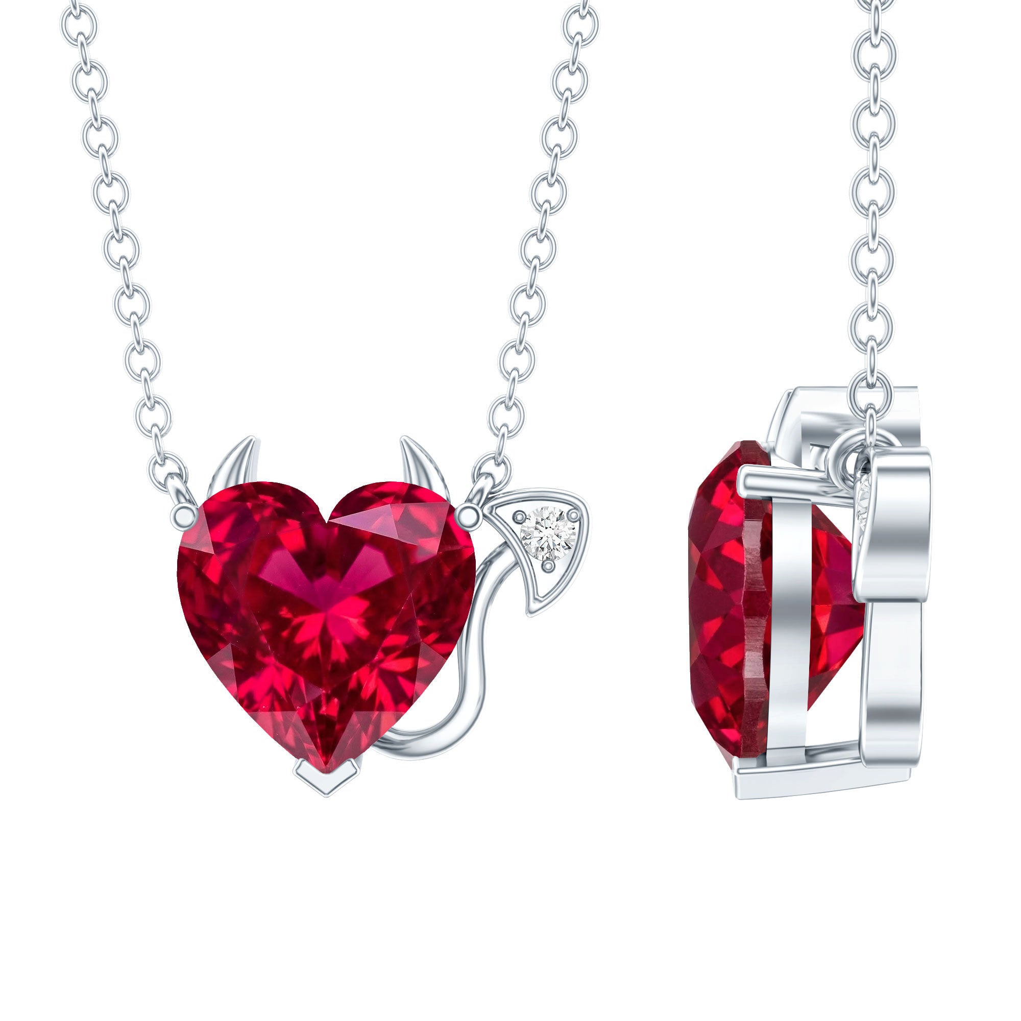Lab Grown Ruby Devil Heart Necklace with Diamond