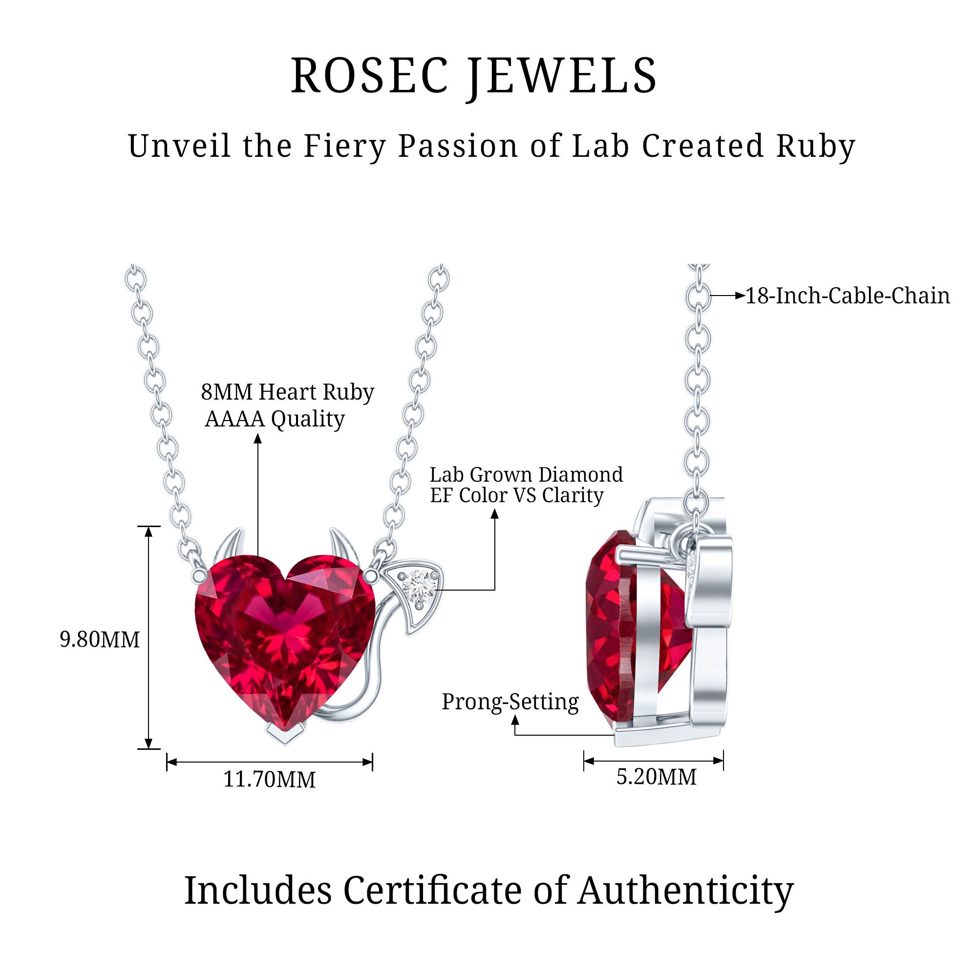 Lab Grown Ruby Devil Heart Necklace with Diamond