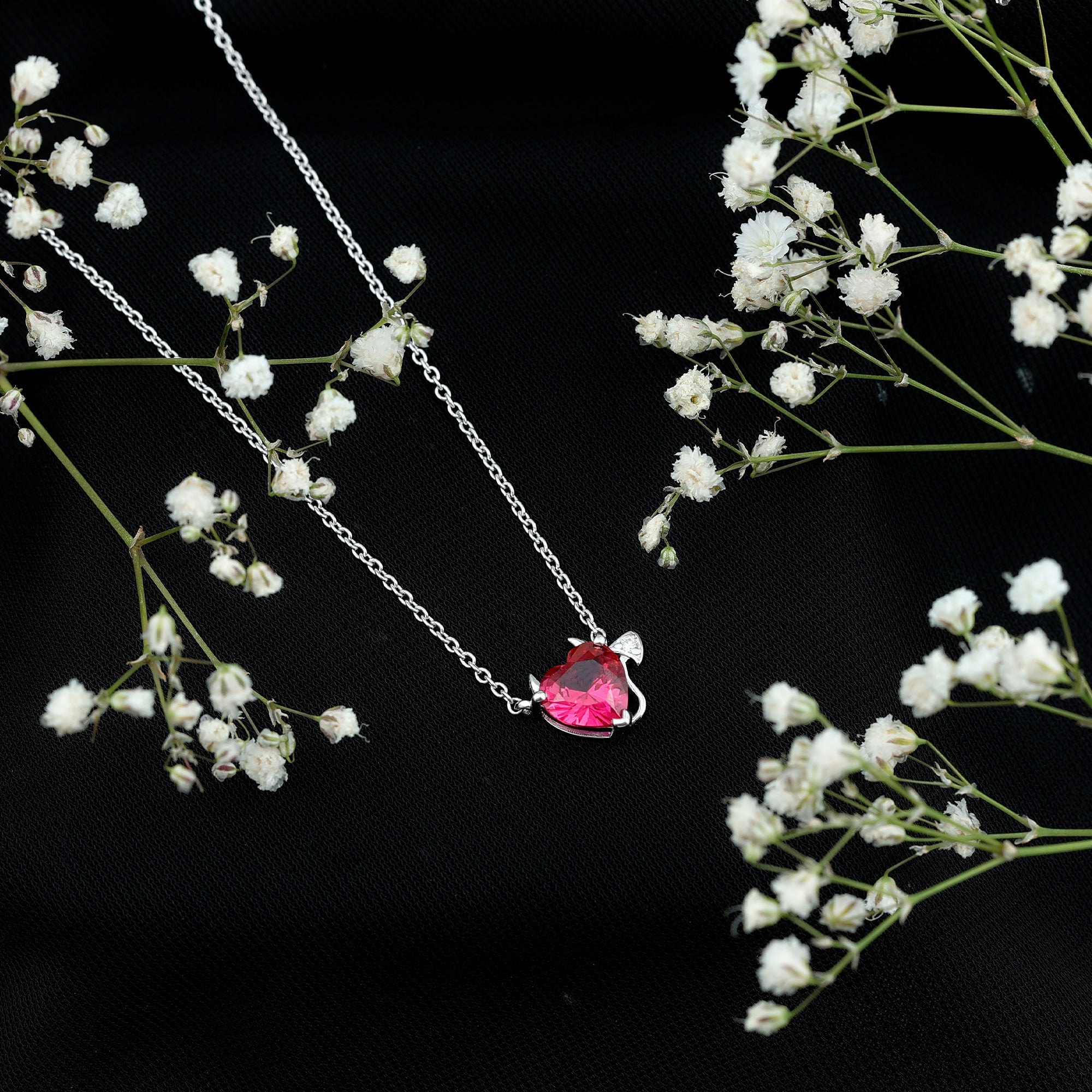 Lab Grown Ruby Devil Heart Necklace with Diamond