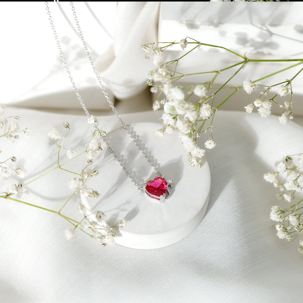 Lab Grown Ruby Devil Heart Necklace with Diamond