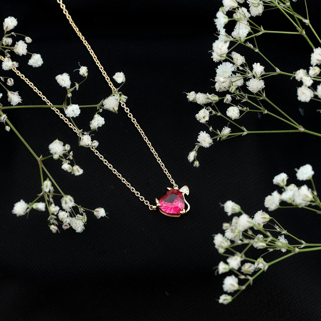 Lab Grown Ruby Devil Heart Necklace with Diamond
