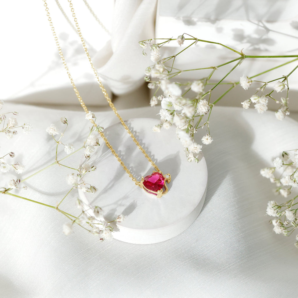 Lab Grown Ruby Devil Heart Necklace with Diamond