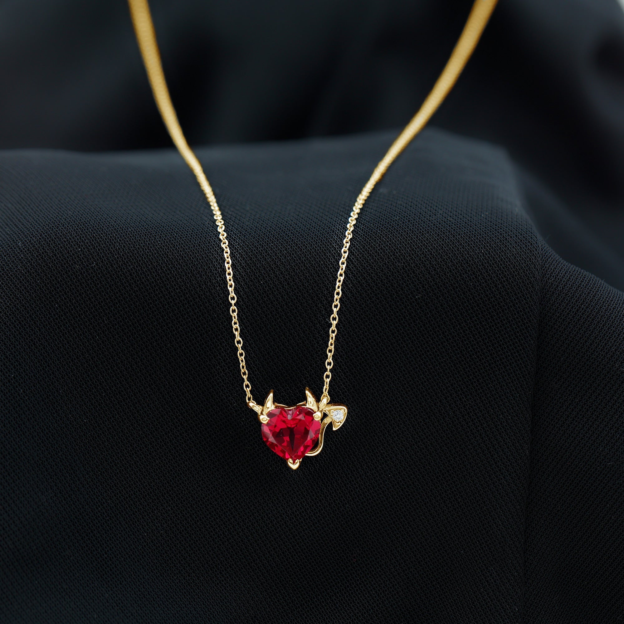 Lab Grown Ruby Devil Heart Necklace with Diamond