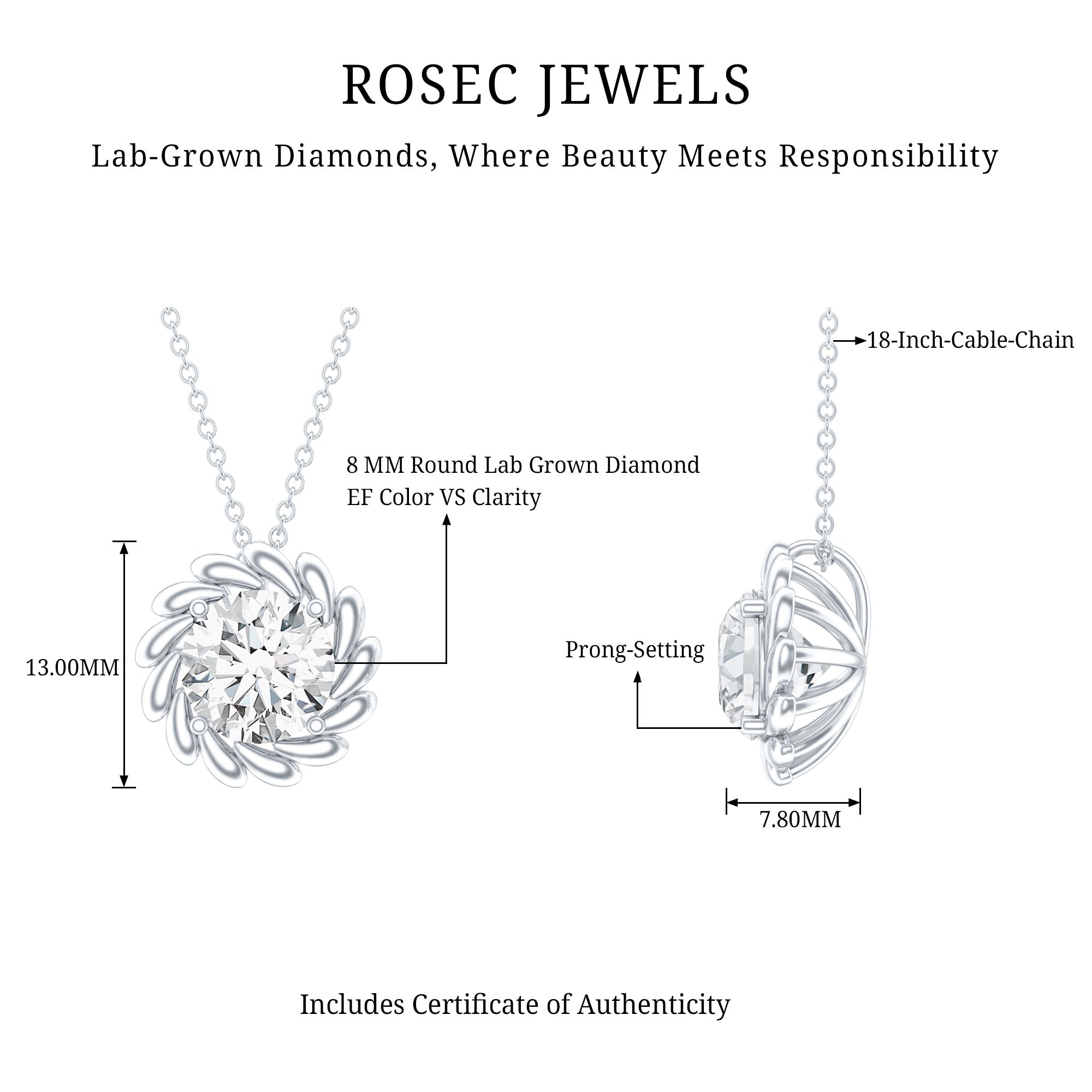 2 Carat Lab Grown Diamond Solitaire Necklace For Women