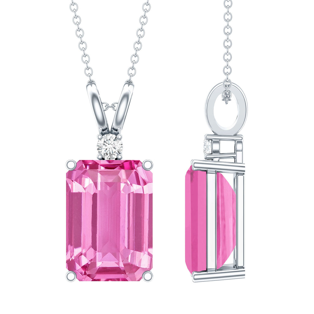9 Carat Lab Grown Pink Sapphire Emerald Cut Necklace With Silver Chain