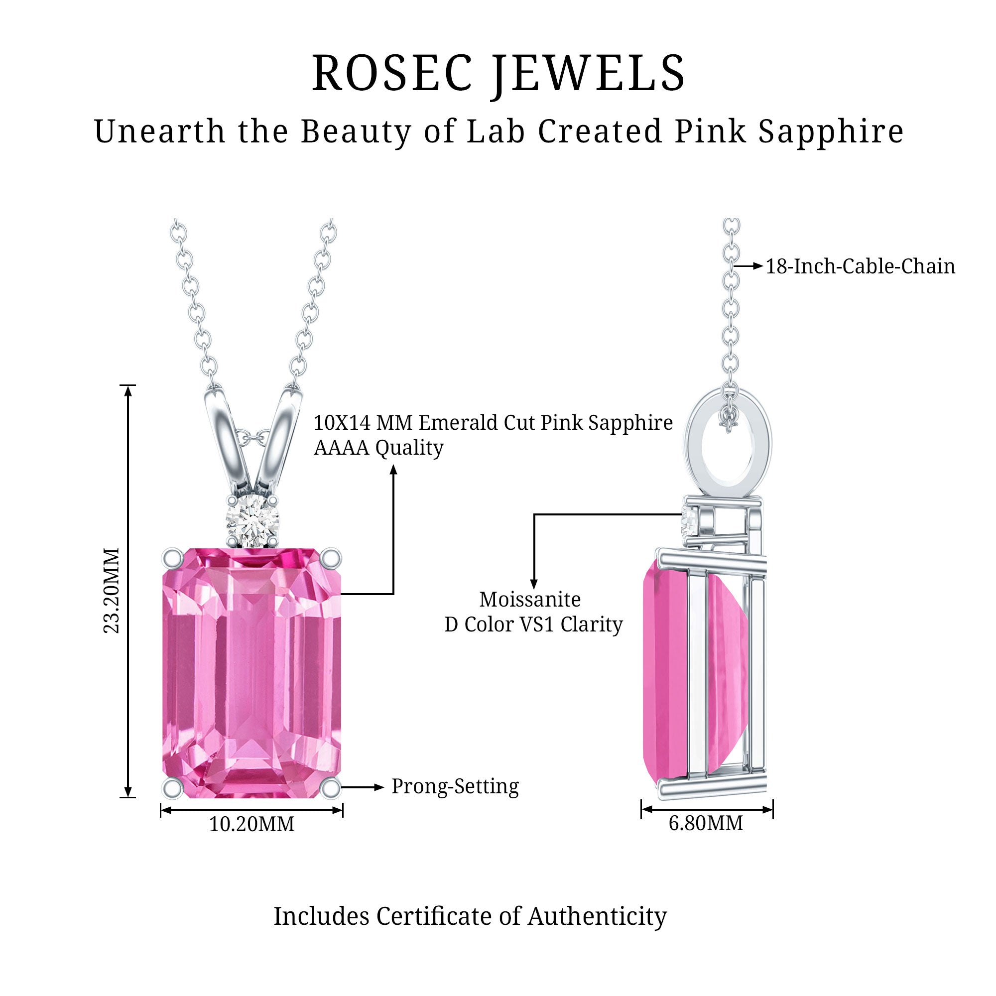 9 Carat Lab Grown Pink Sapphire Emerald Cut Necklace With Silver Chain