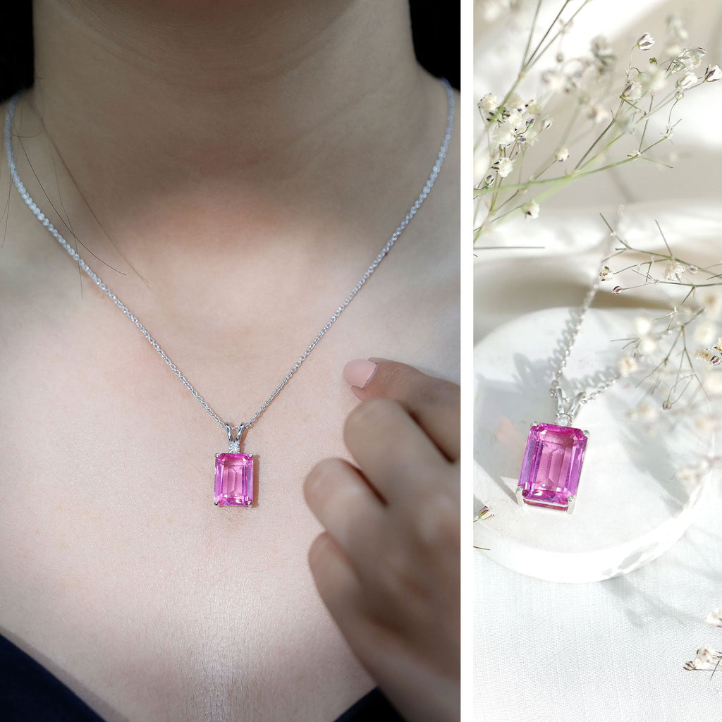 9 Carat Lab Grown Pink Sapphire Emerald Cut Necklace With Silver Chain
