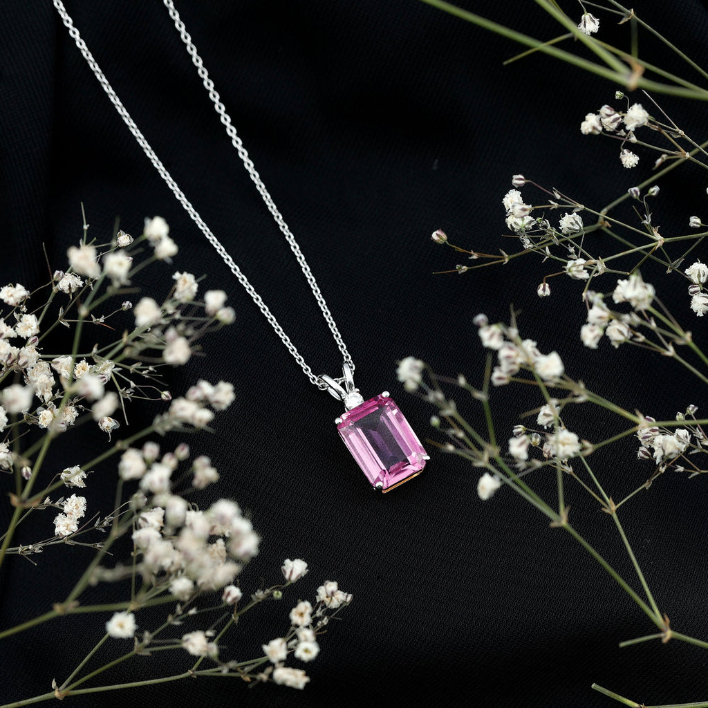 9 Carat Lab Grown Pink Sapphire Emerald Cut Necklace With Silver Chain