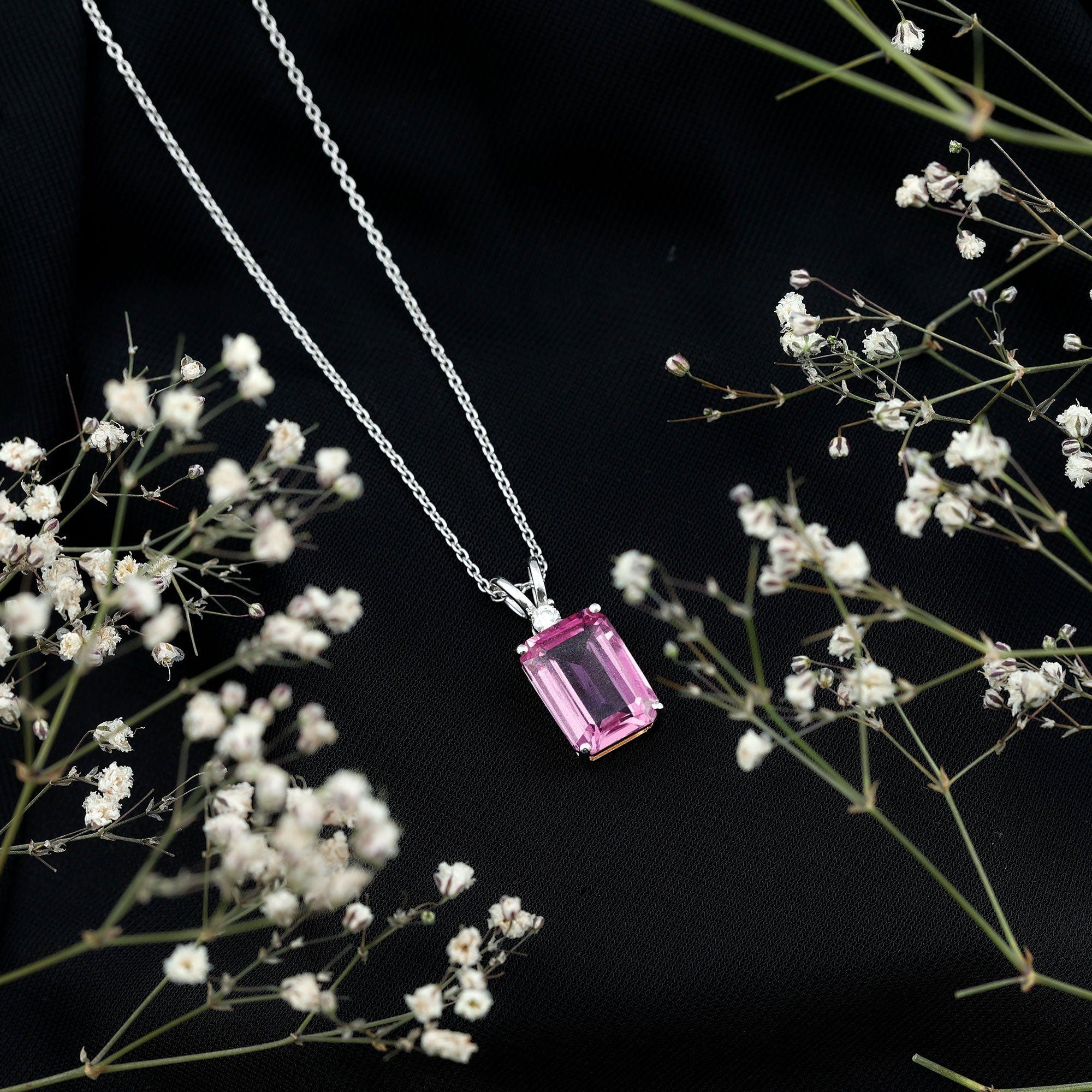 9 Carat Lab Grown Pink Sapphire Emerald Cut Necklace With Silver Chain