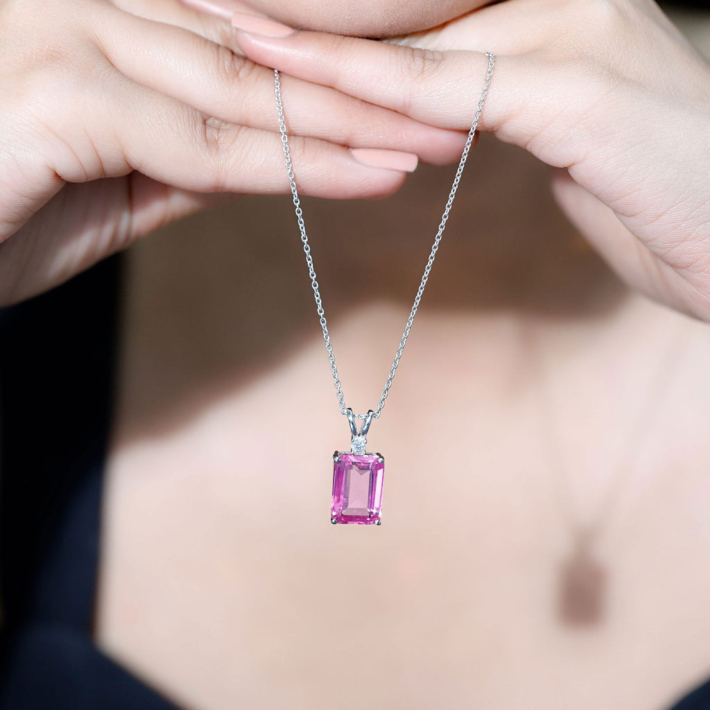 9 Carat Lab Grown Pink Sapphire Emerald Cut Necklace With Silver Chain