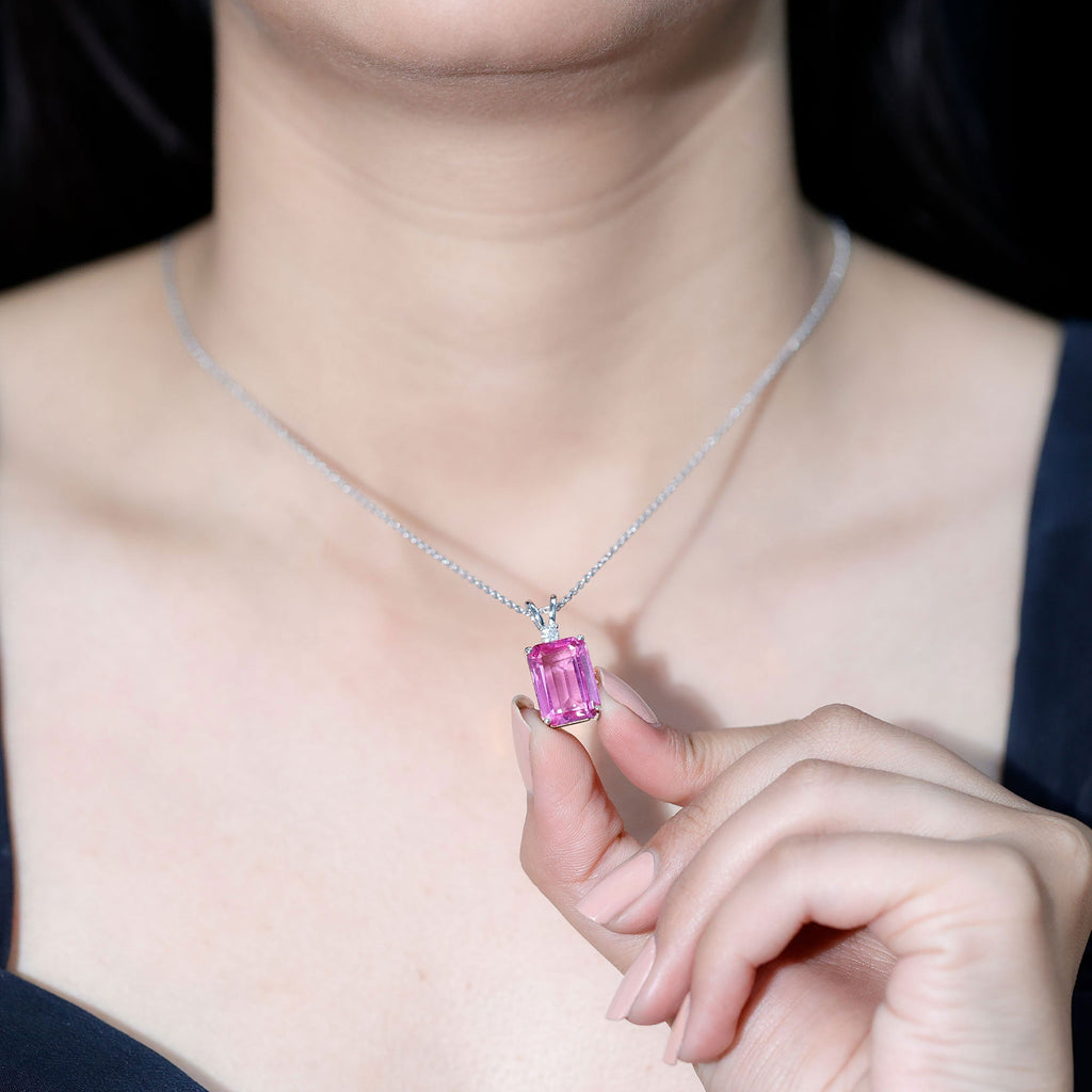 9 Carat Lab Grown Pink Sapphire Emerald Cut Necklace With Silver Chain