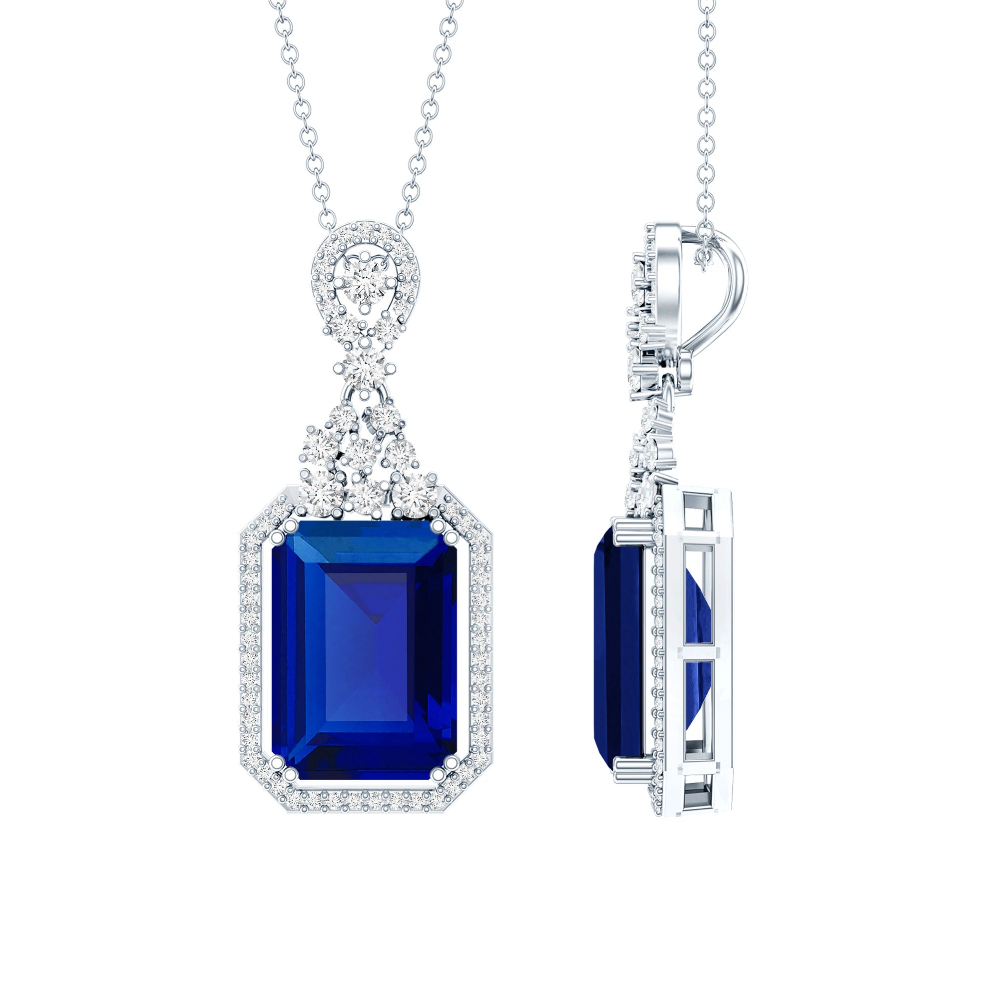 9 Carat Lab Grown Blue Sapphire Vintage Necklace With Silver Chain