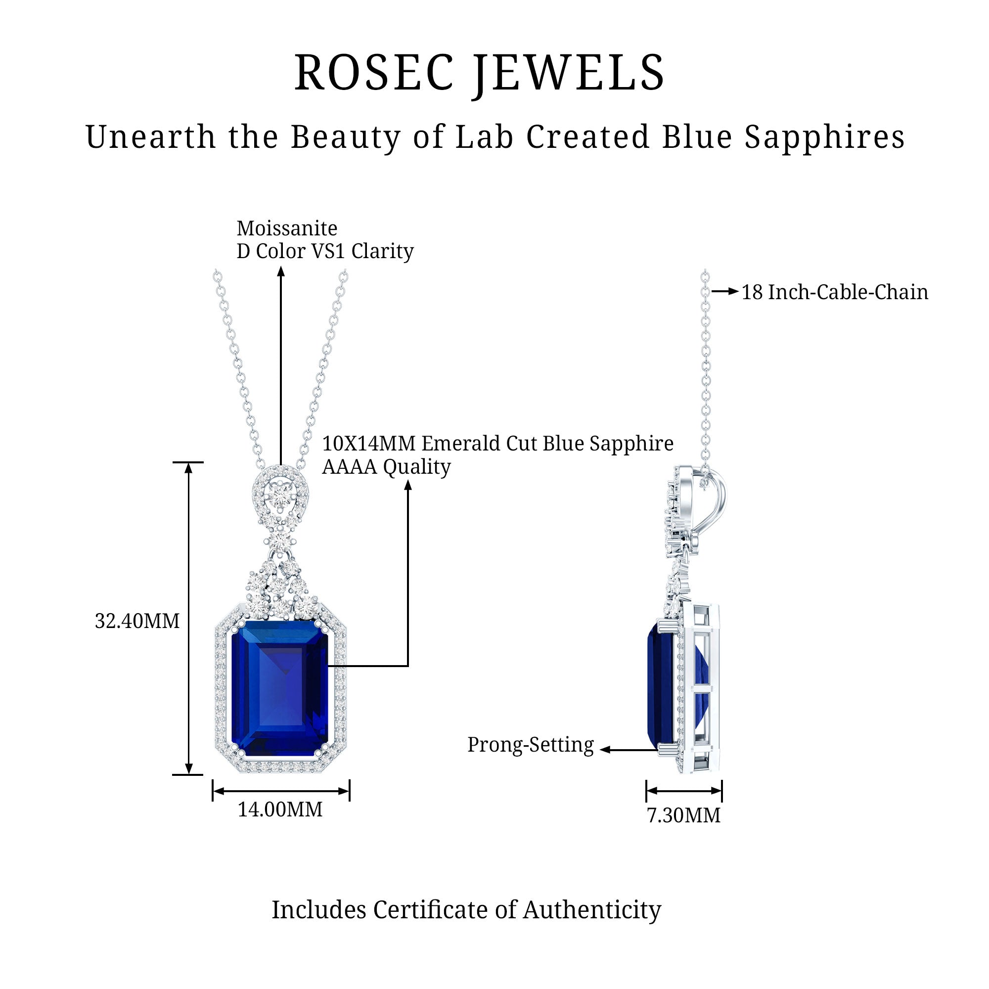 9 Carat Lab Grown Blue Sapphire Vintage Necklace With Silver Chain
