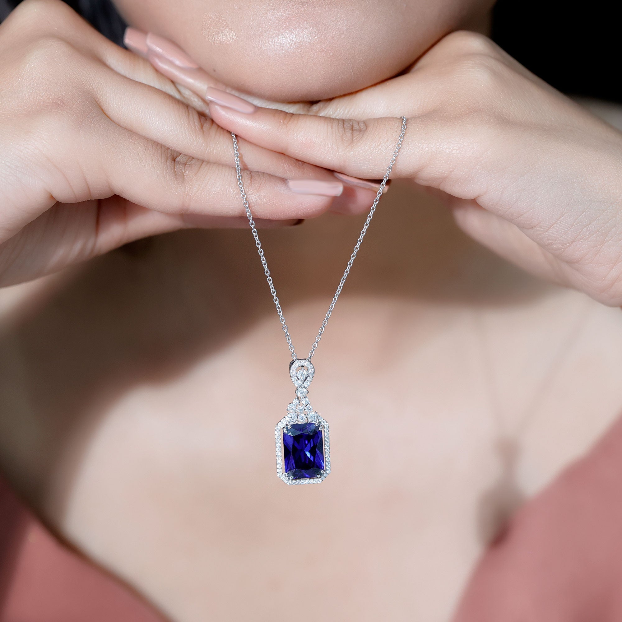 9 Carat Lab Grown Blue Sapphire Vintage Necklace With Silver Chain