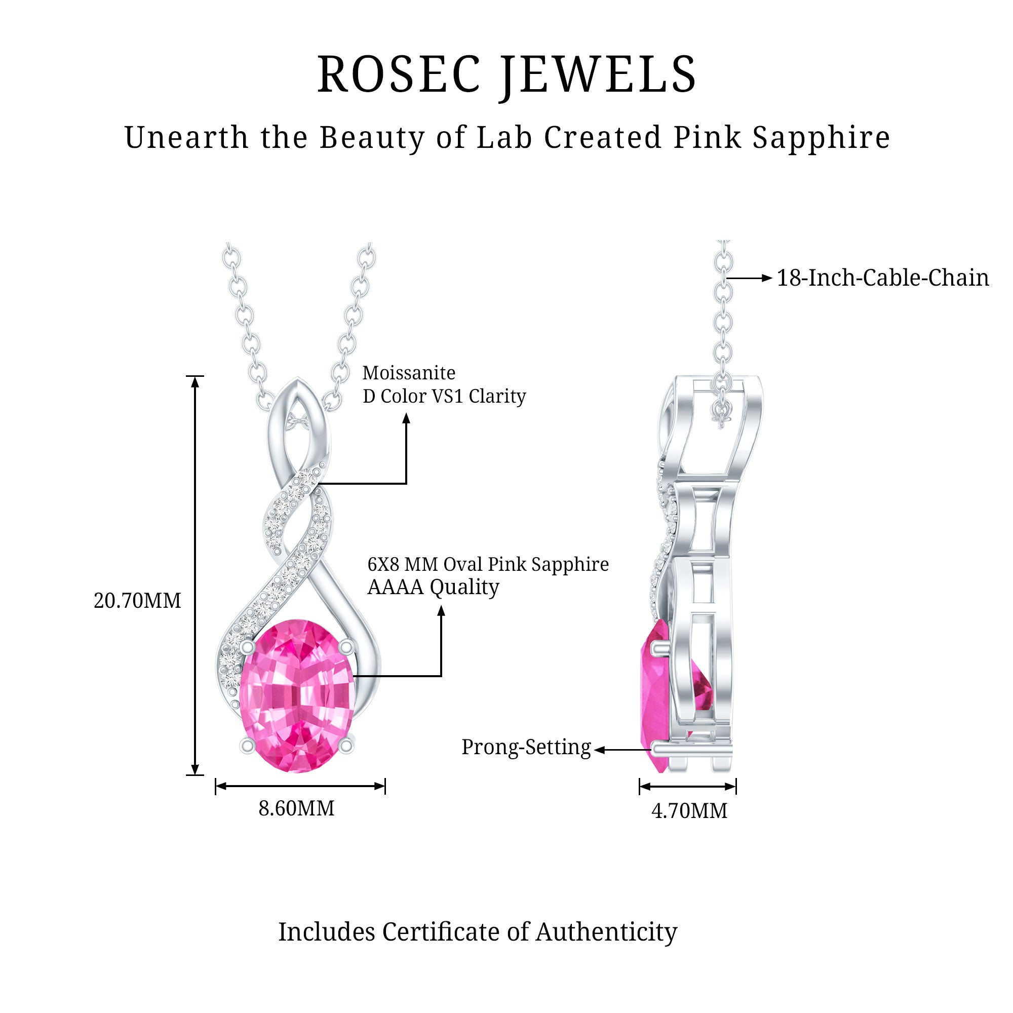 1.5 Carat Lab Grown Pink Sapphire Infinity Necklace with Silver Chain