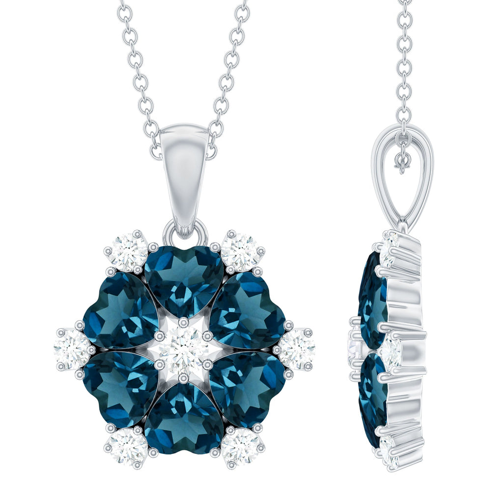 Genuine 1.5 Carat Heart Shape London Blue Topaz and Diamond Flower Necklace