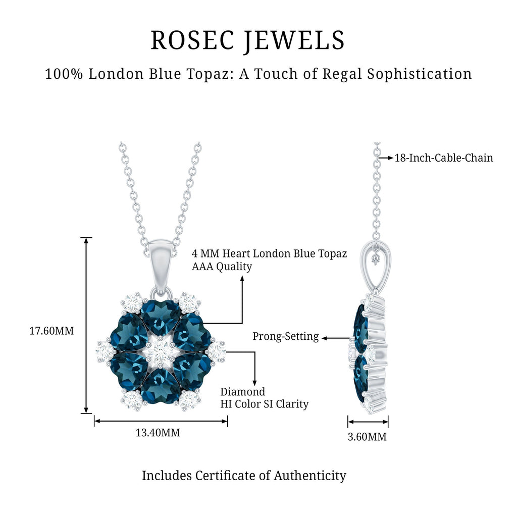 Genuine 1.5 Carat Heart Shape London Blue Topaz and Diamond Flower Necklace