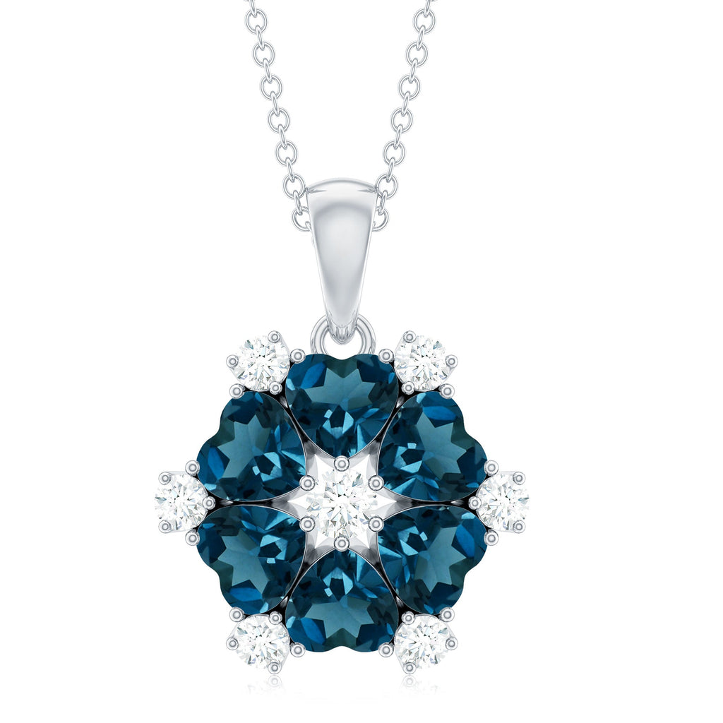 Genuine 1.5 Carat Heart Shape London Blue Topaz and Diamond Flower Necklace