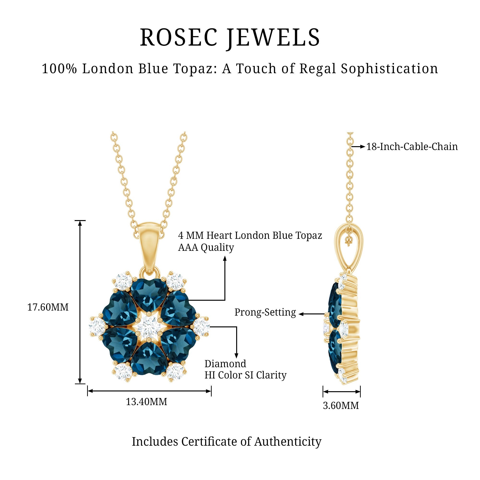Genuine 1.5 Carat Heart Shape London Blue Topaz and Diamond Flower Necklace