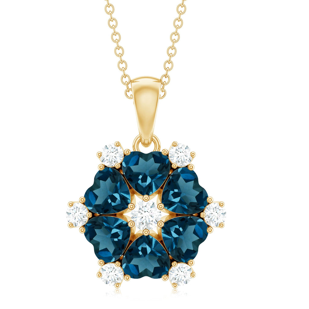 Genuine 1.5 Carat Heart Shape London Blue Topaz and Diamond Flower Necklace