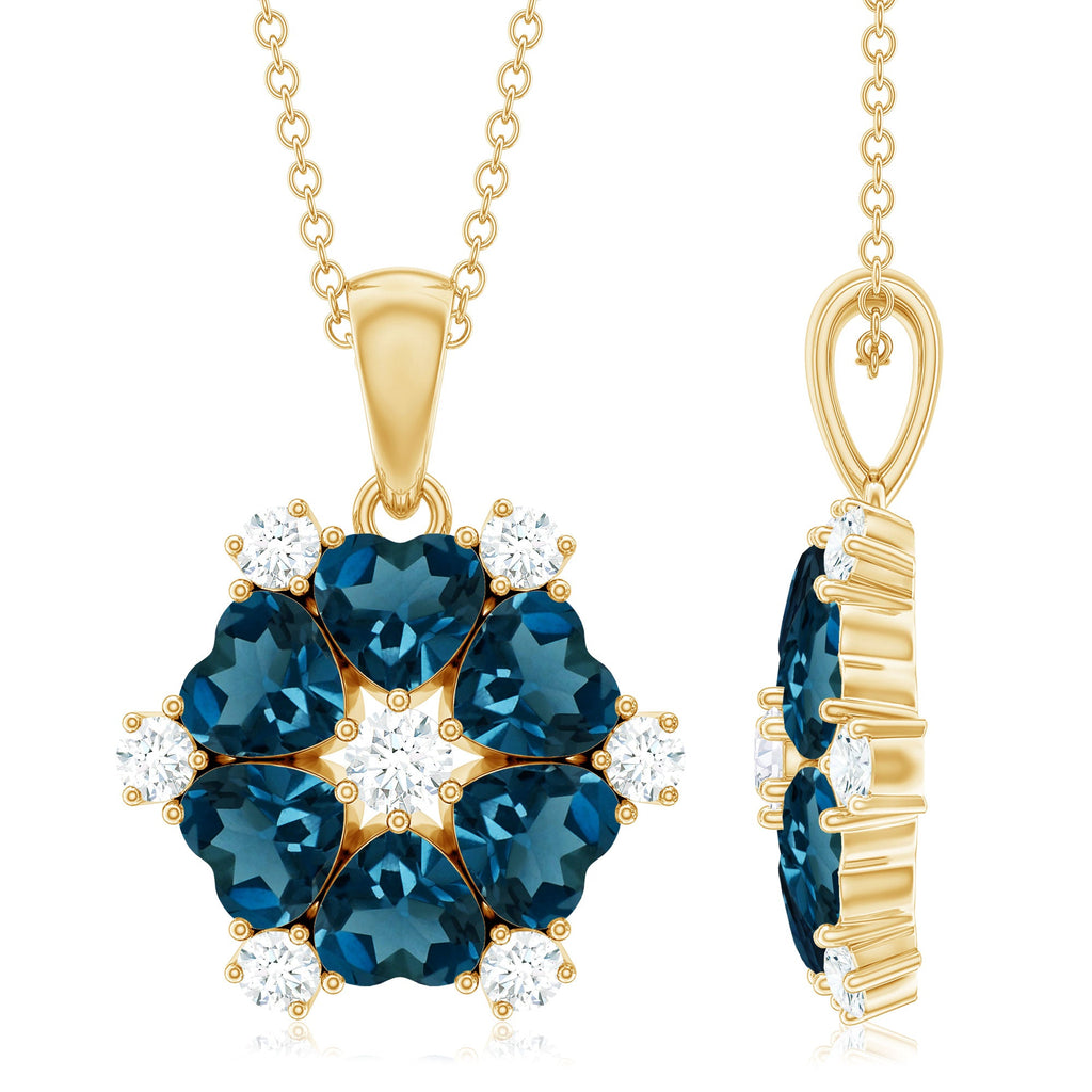 Genuine 1.5 Carat Heart Shape London Blue Topaz and Diamond Flower Necklace