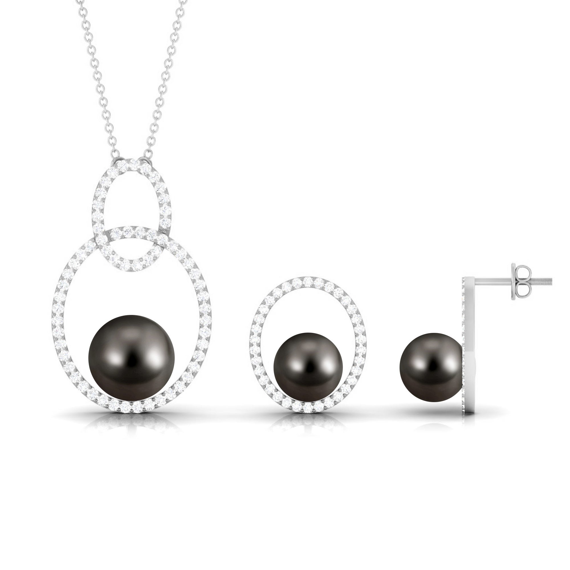 Open Oval Shape Necklace Earrings Set with Round Tahitian Pearl and Moissanite