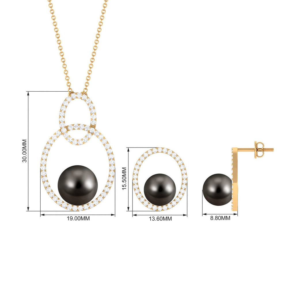 Open Oval Shape Necklace Earrings Set with Round Tahitian Pearl and Moissanite
