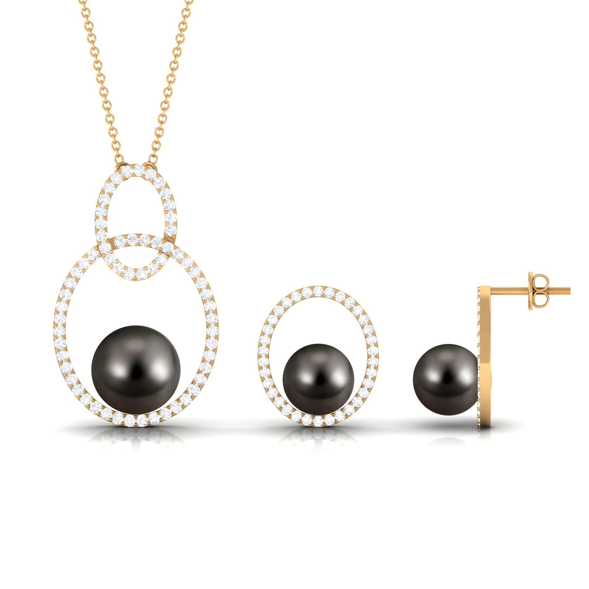 Open Oval Shape Necklace Earrings Set with Round Tahitian Pearl and Moissanite