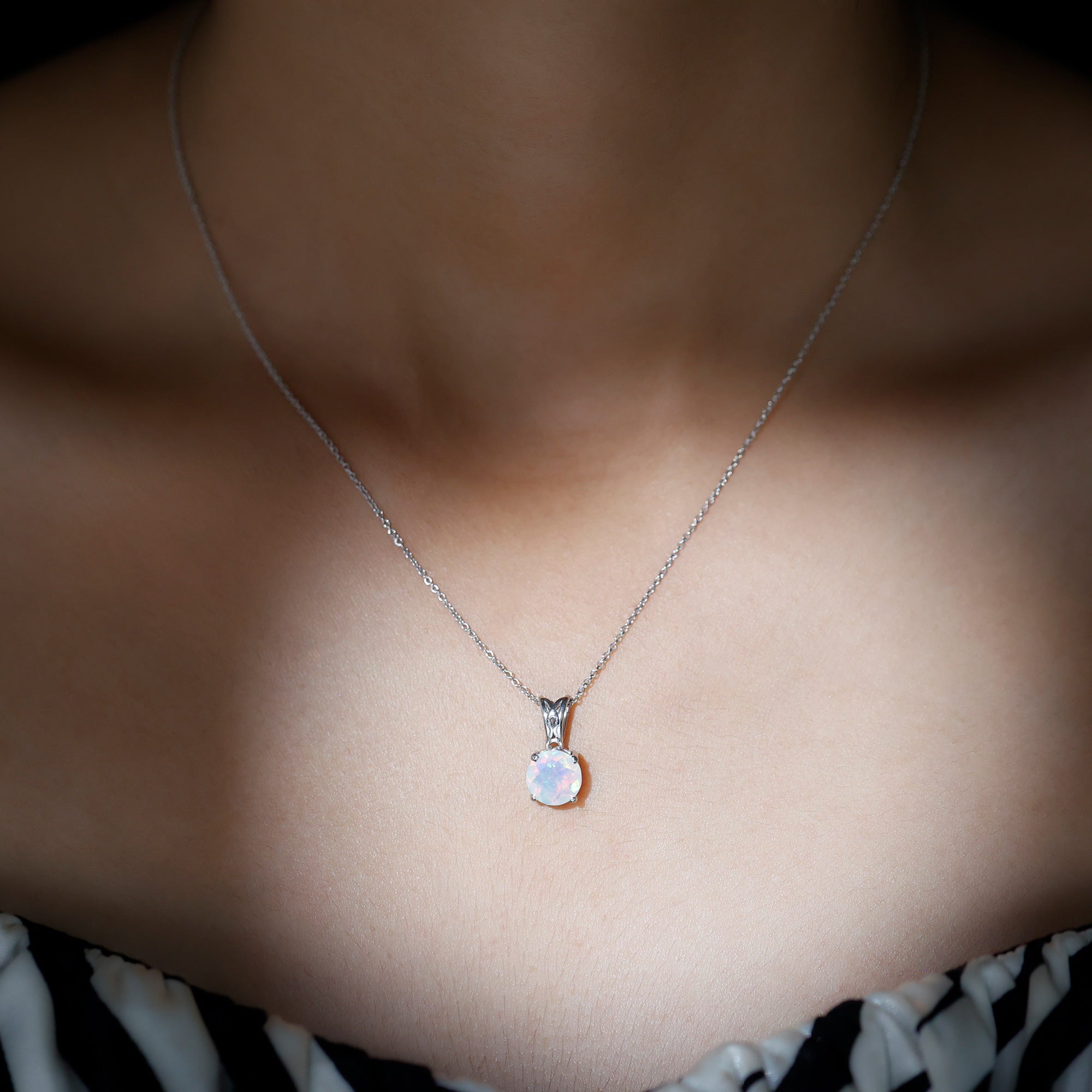 Real Ethiopian Opal Solitaire Pendant Necklace with Chain