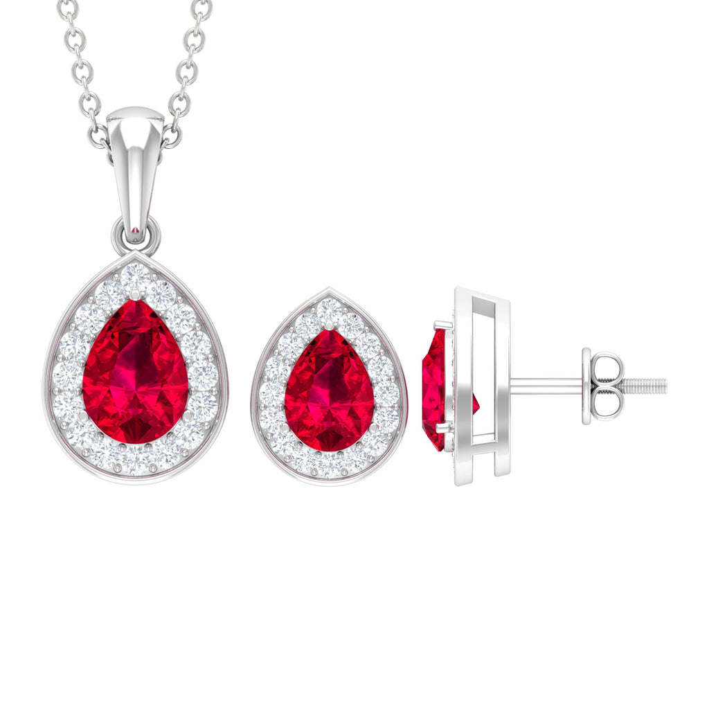 2 Carat Lab Created Ruby Teardrop Jewelry Set with Moissanite Halo