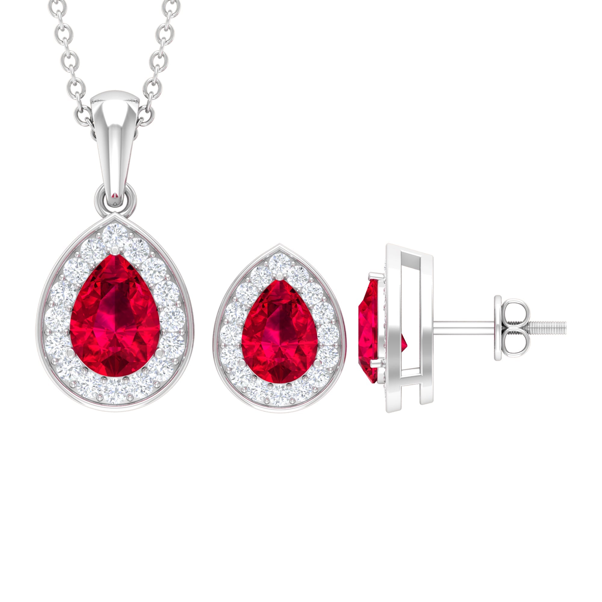 2 Carat Lab Created Ruby Teardrop Jewelry Set with Moissanite Halo