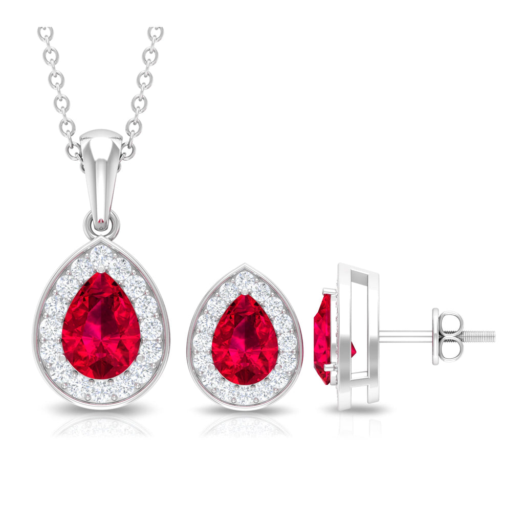 2 Carat Lab Created Ruby Teardrop Jewelry Set with Moissanite Halo