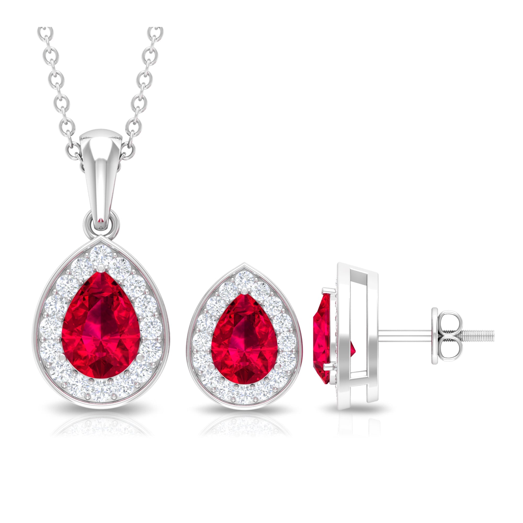 2 Carat Lab Created Ruby Teardrop Jewelry Set with Moissanite Halo