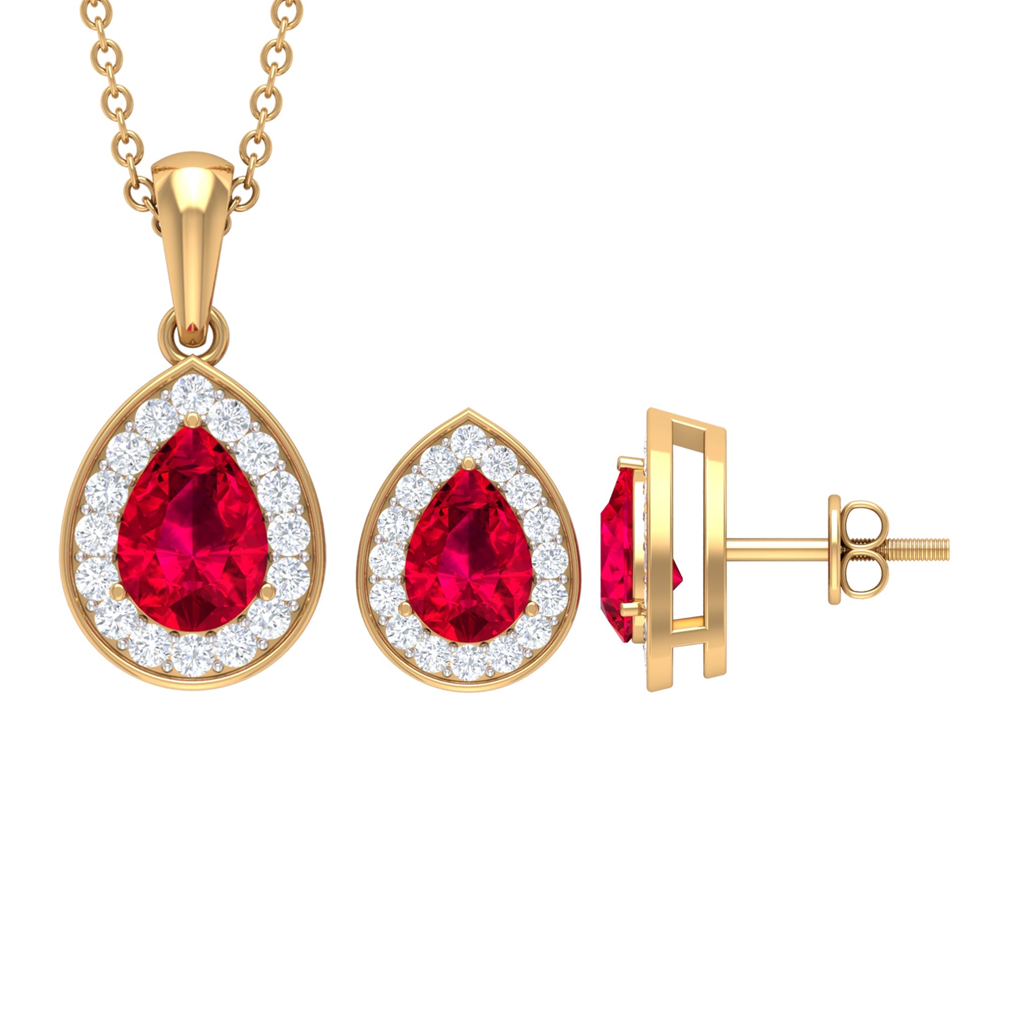 2 Carat Lab Created Ruby Teardrop Jewelry Set with Moissanite Halo