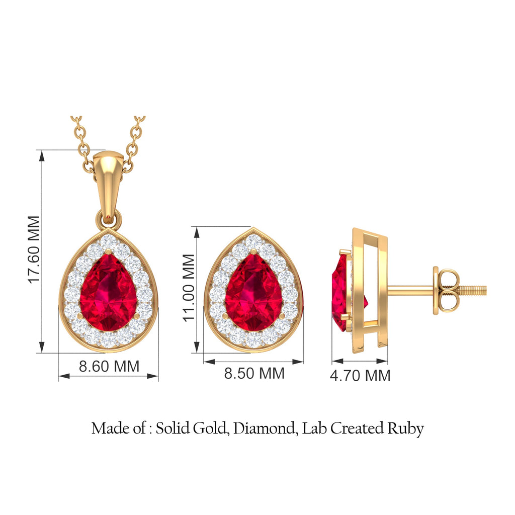2 Carat Lab Created Ruby Teardrop Jewelry Set with Moissanite Halo