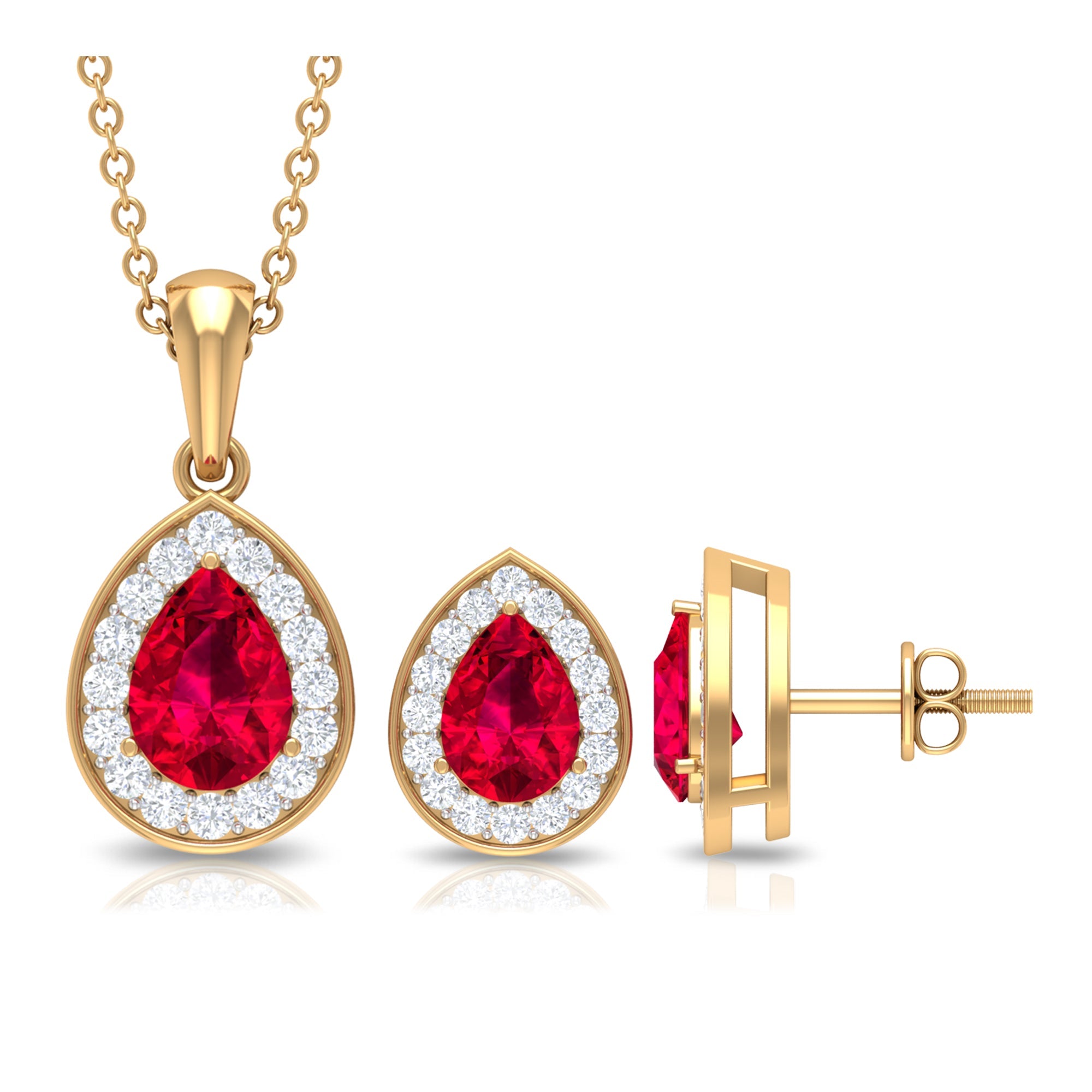 2 Carat Lab Created Ruby Teardrop Jewelry Set with Moissanite Halo