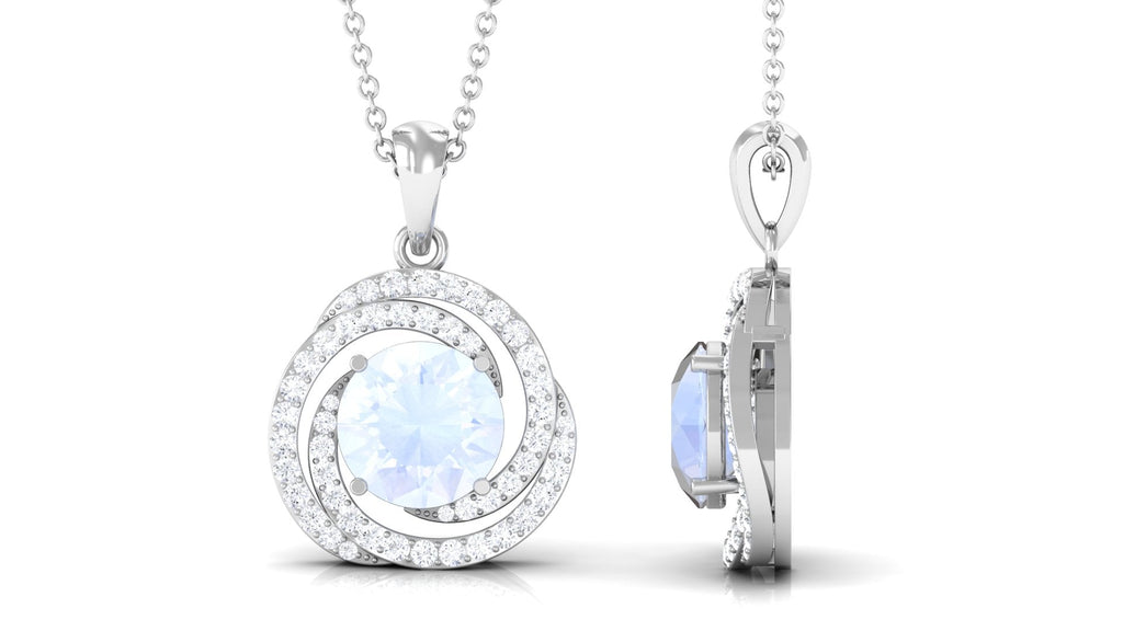 Minimal Moonstone and Diamond Swirl Halo Pendant Necklace