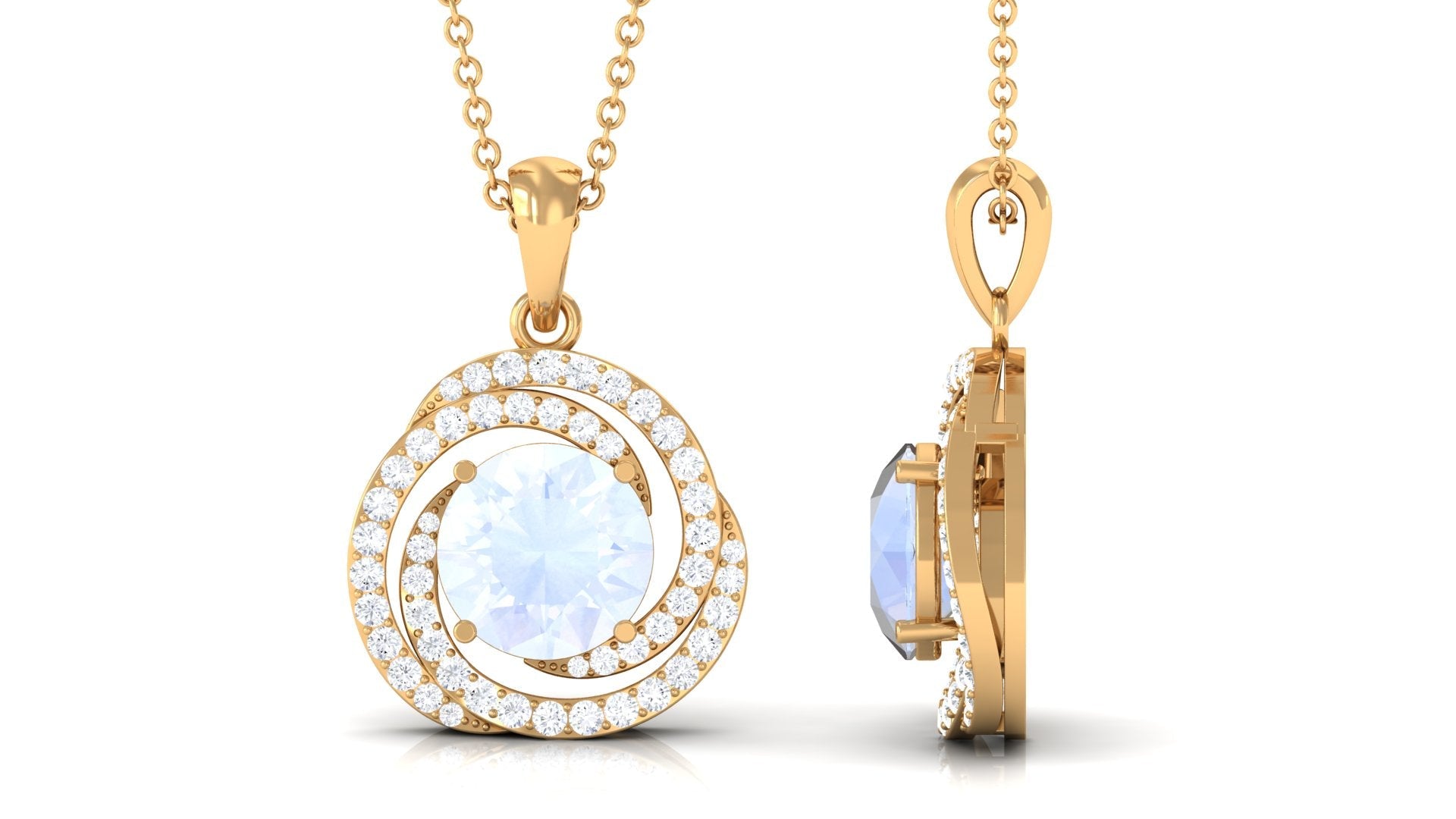 Minimal Moonstone and Diamond Swirl Halo Pendant Necklace