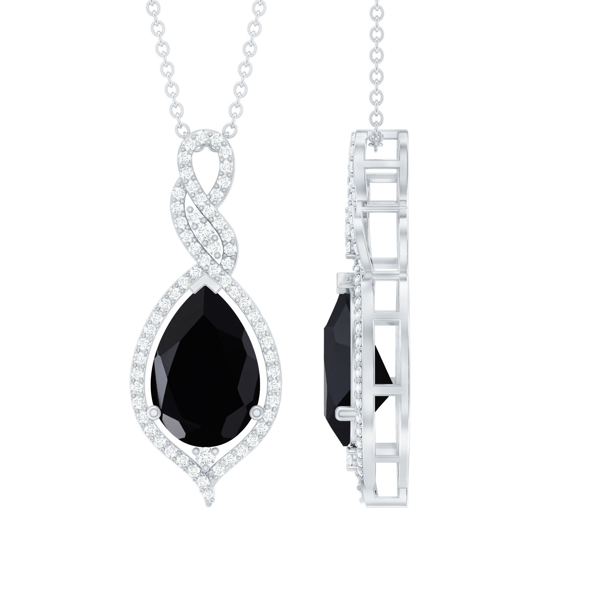 Real 2.2 Carat Black Onyx Teardrop Pendant Necklace with Moissanite