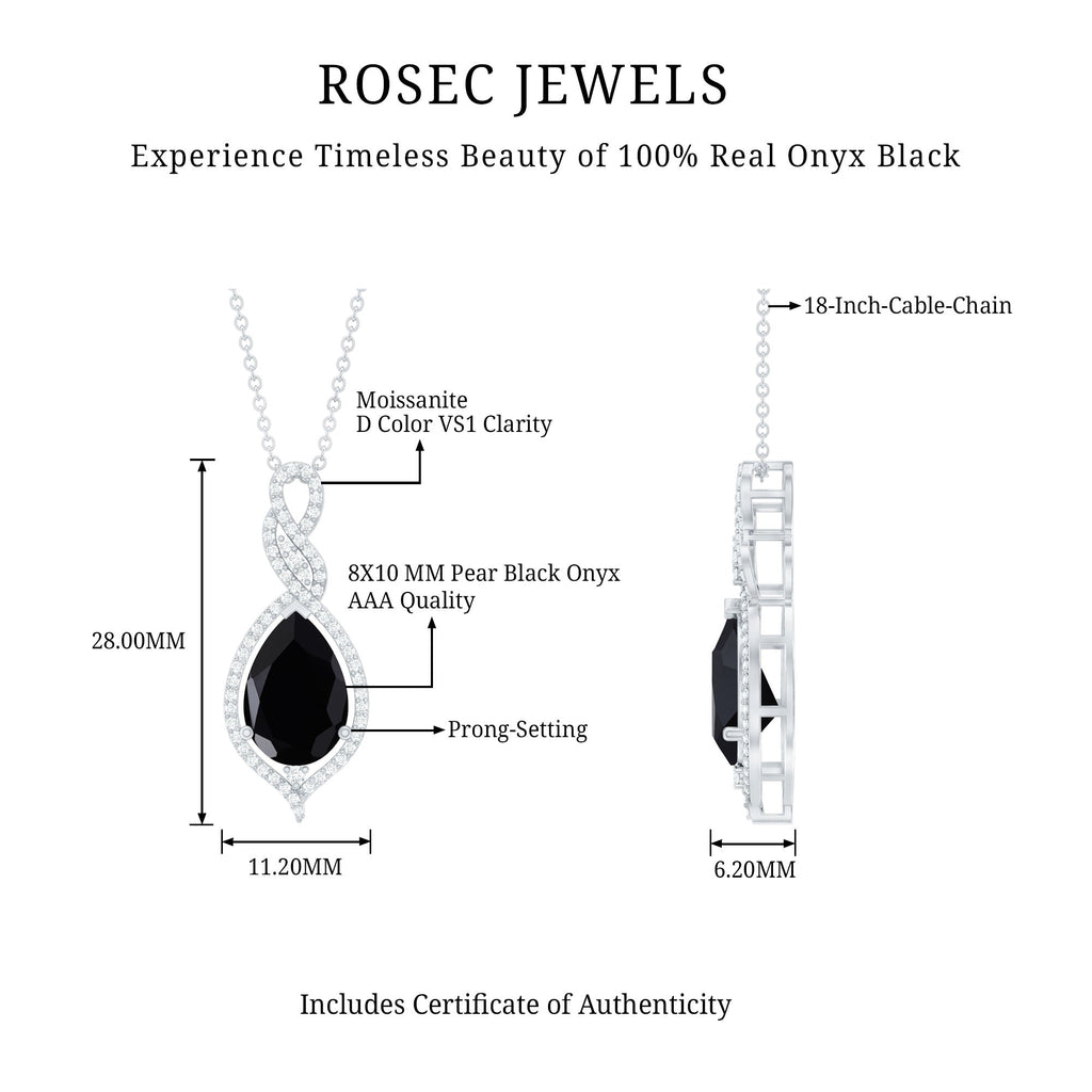 Real 2.2 Carat Black Onyx Teardrop Pendant Necklace with Moissanite