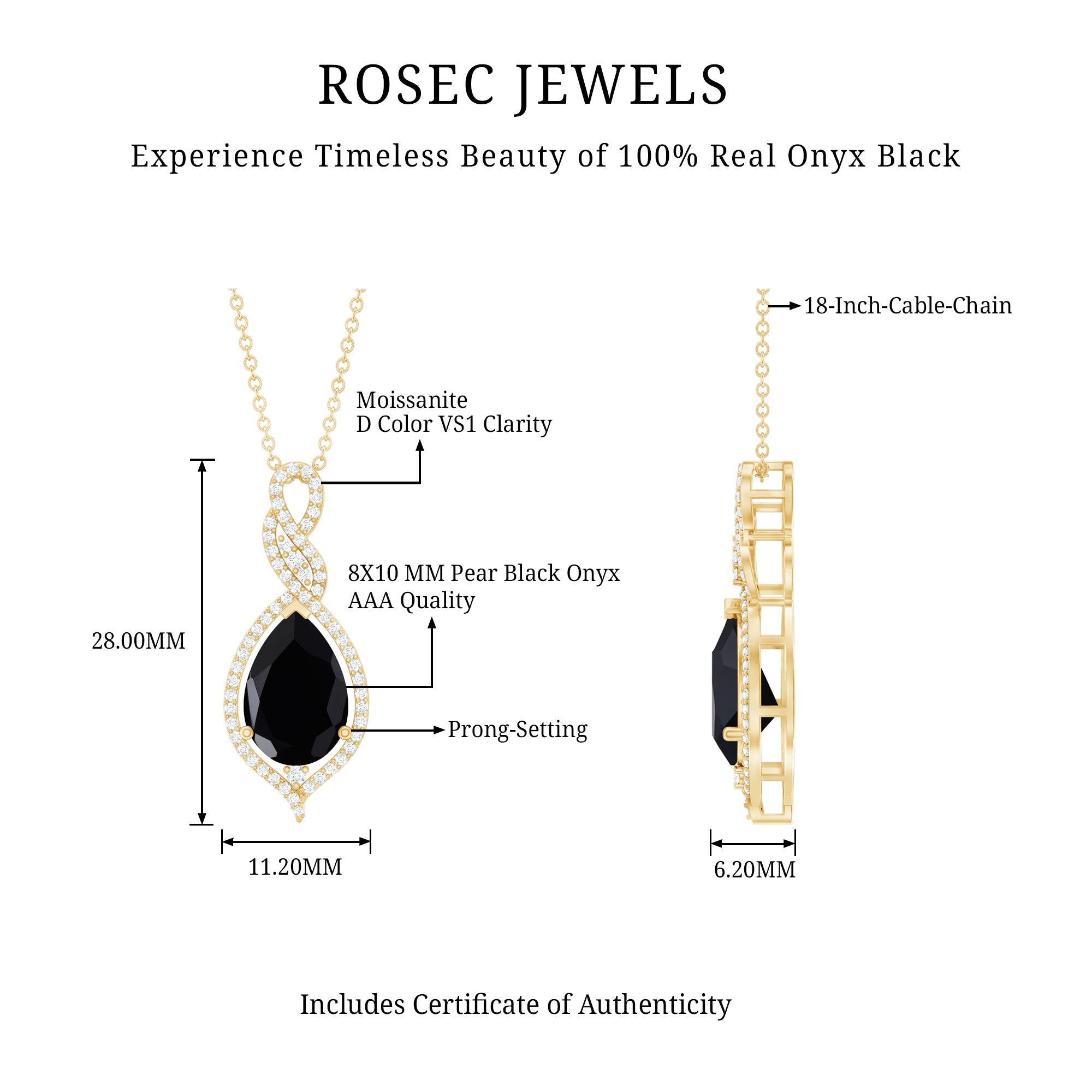 Real 2.2 Carat Black Onyx Teardrop Pendant Necklace with Moissanite