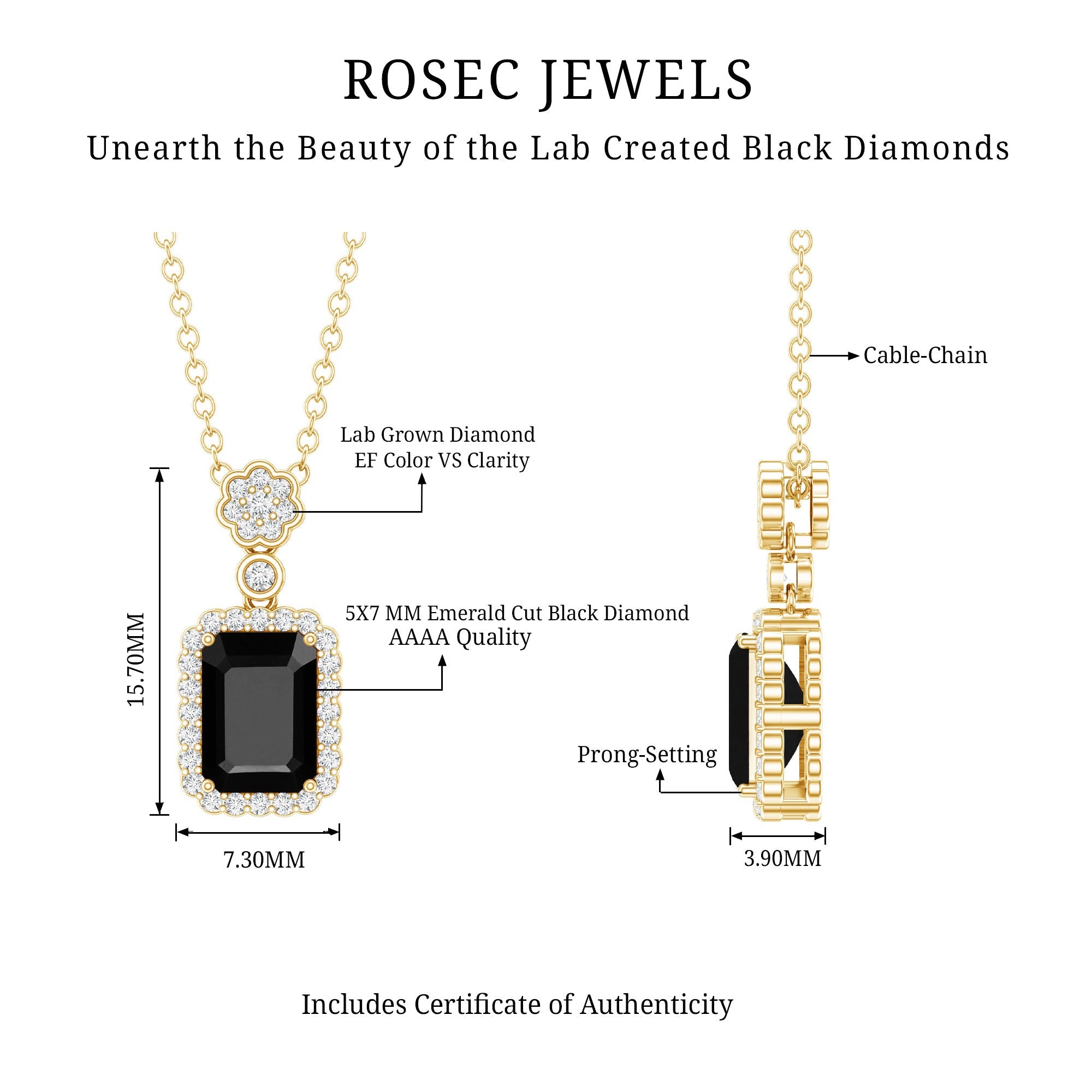 Vintage Style 1.25 Carat Emerald Cut Lab Created Black and White Diamond Necklace