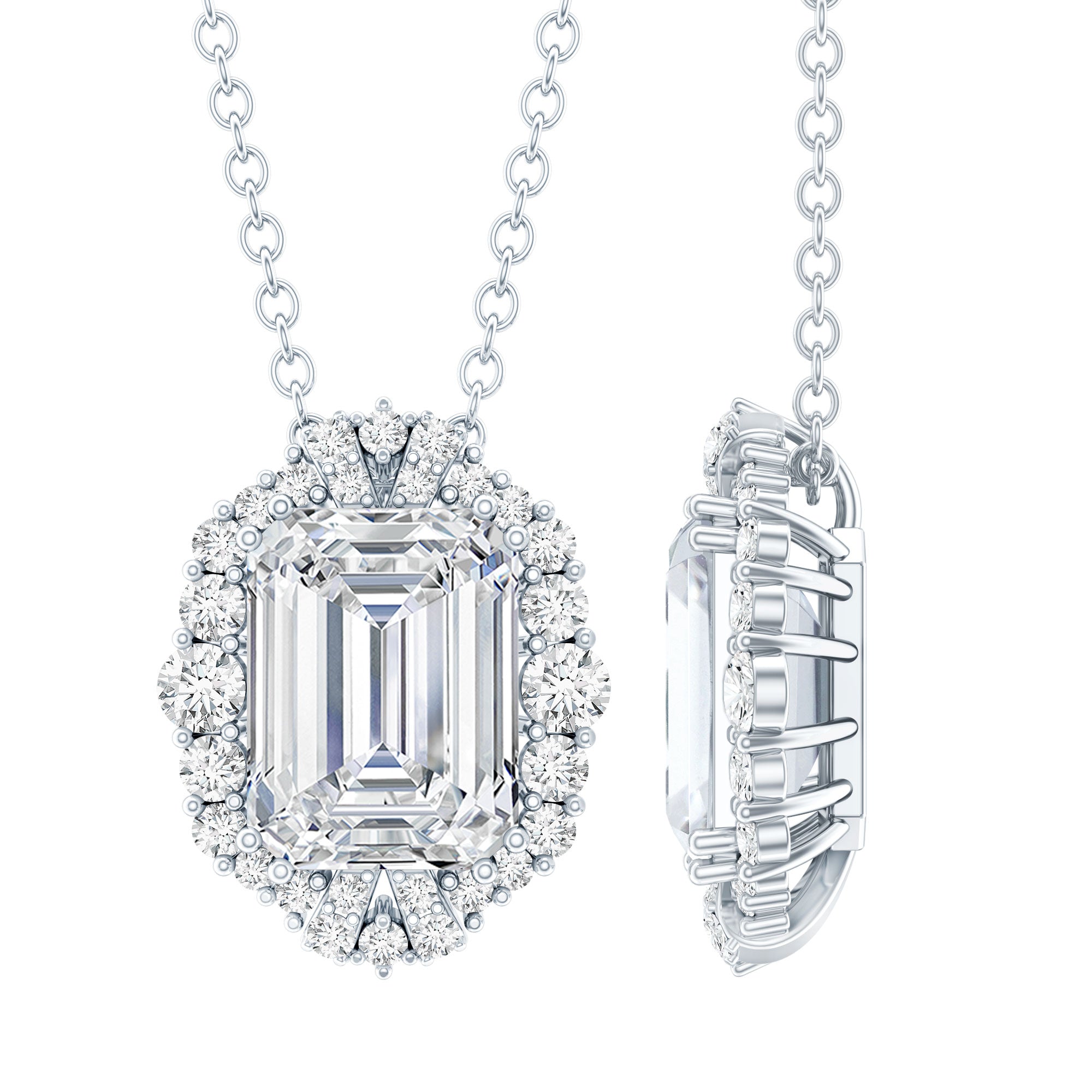 Certified 2.8 Carat Emerald Cut Moissanite Wedding Necklace in Silver