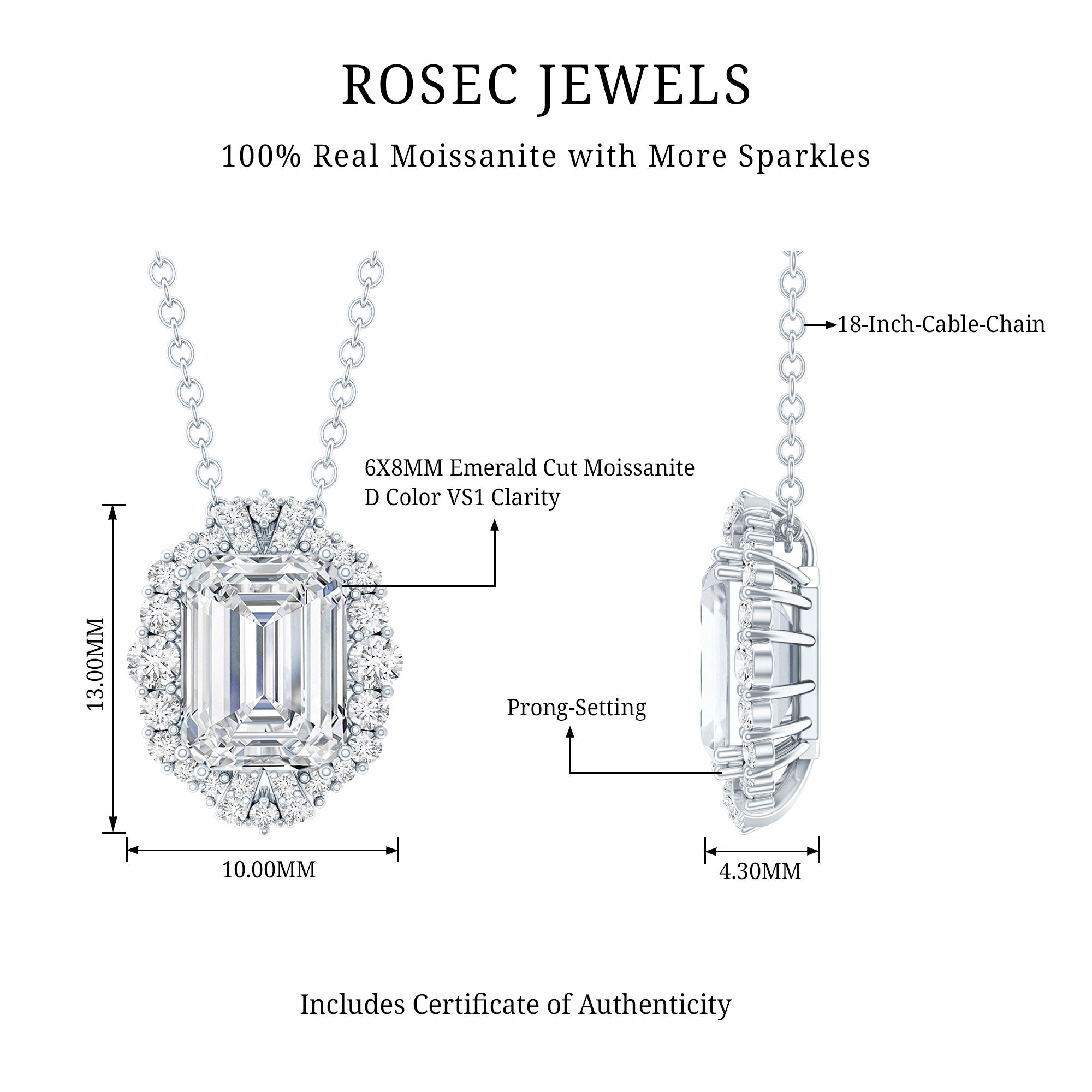 Certified 2.8 Carat Emerald Cut Moissanite Wedding Necklace in Silver