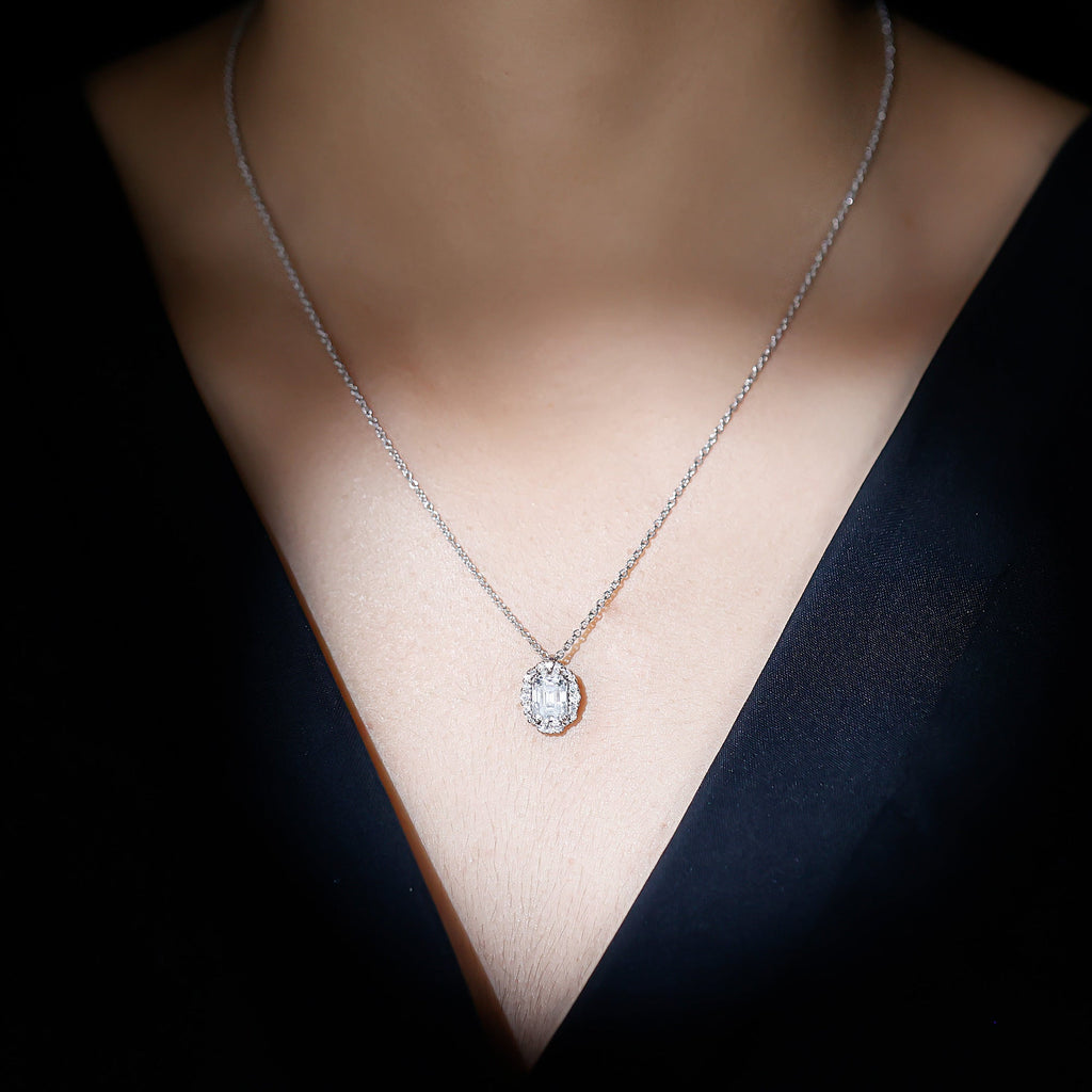Certified 2.8 Carat Emerald Cut Moissanite Wedding Necklace in Silver