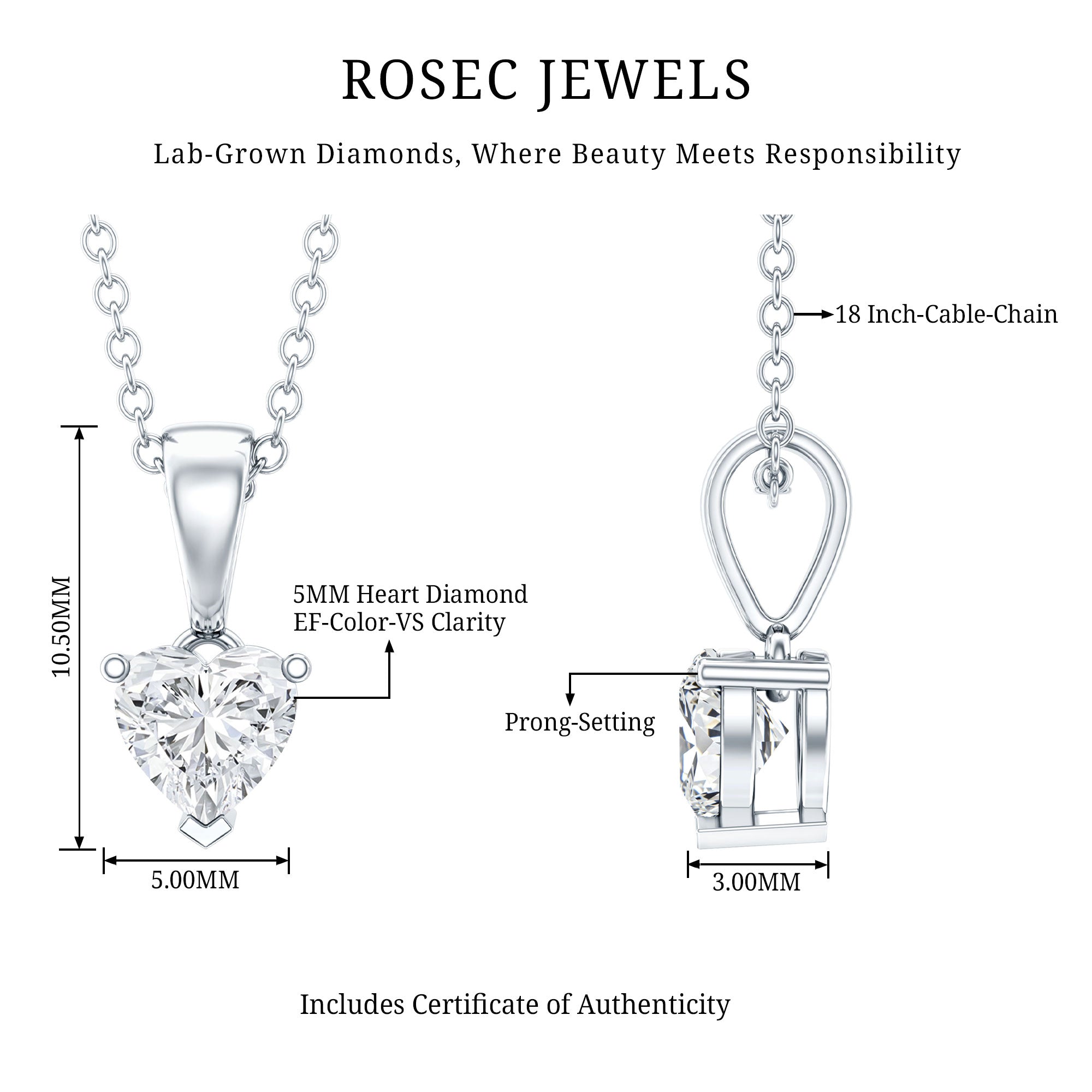 5 MM Lab Grown Diamond Heart Necklace For Women